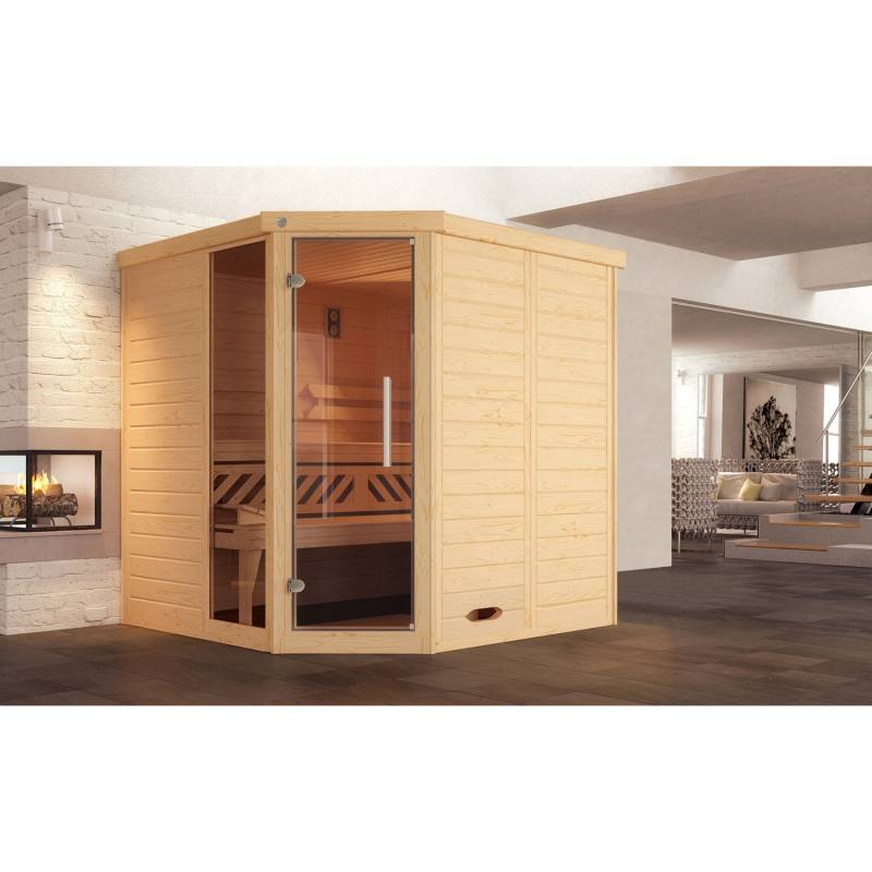 Weka Massivholzelementsauna Kemi Eck 1 Sparset 7,5 kW BioS Glastür/Fenster von WEKA