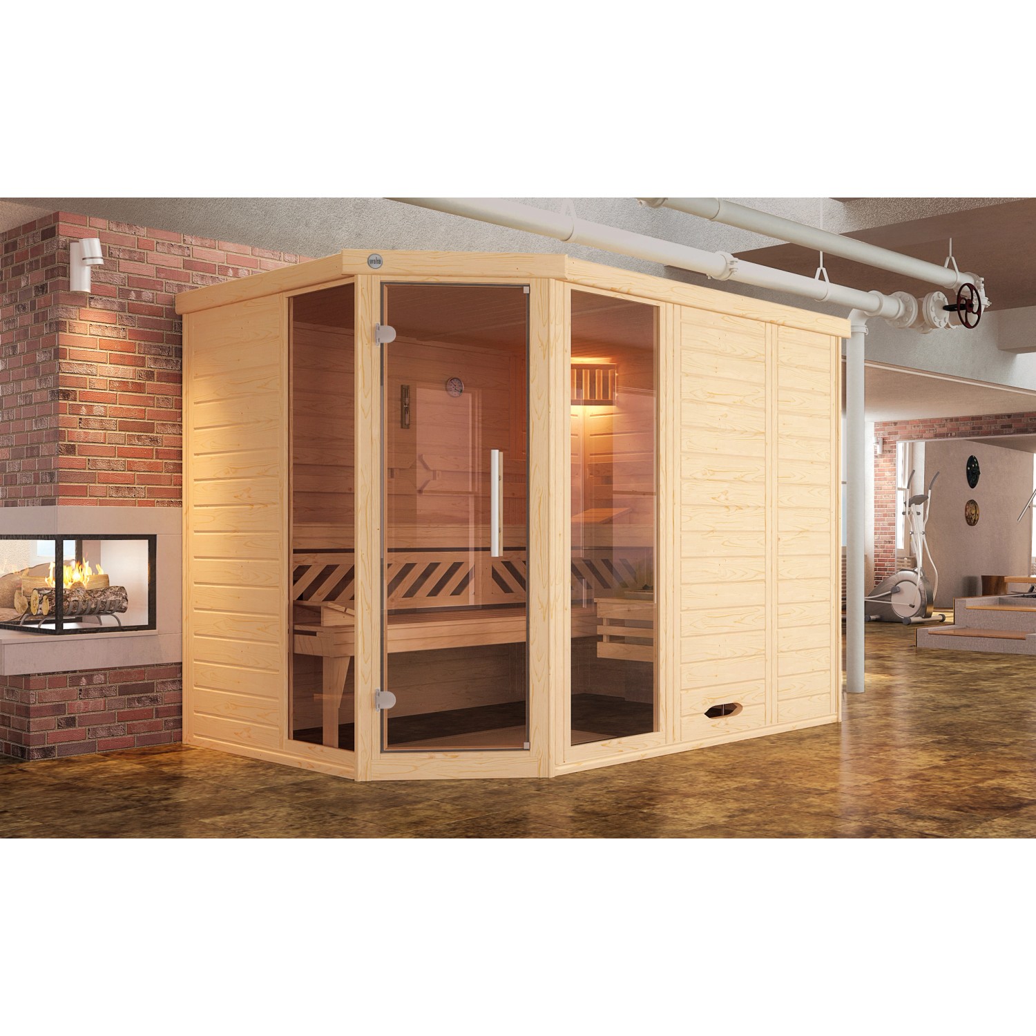Weka Massivholzelementsauna Kemi Eck 2 Sparset 7,5 kW OS Glastür/Fenster Weka Massivholzelementsauna Kemi Eck 2 Sparset 7,5 kW OS Glastür/Fenster von WEKA