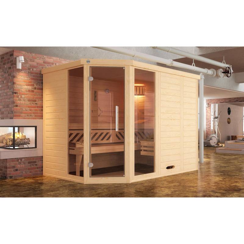 Weka Massivholzelementsauna Kemi Eck 2 Sparset 7,5 kW OS Glastür/Fenster von WEKA
