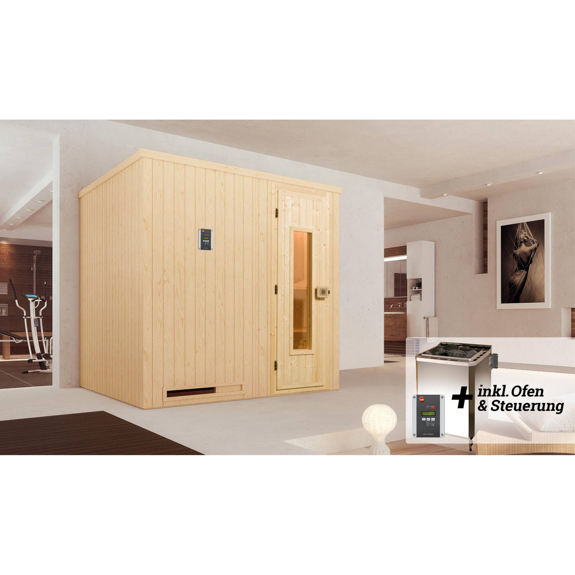 Weka Elementsauna 'Halmstad 2' mit 7,5 kW BioS-Ofenset, Steuerung, Massivholztür 192 x 175 x 199 cm von WEKA