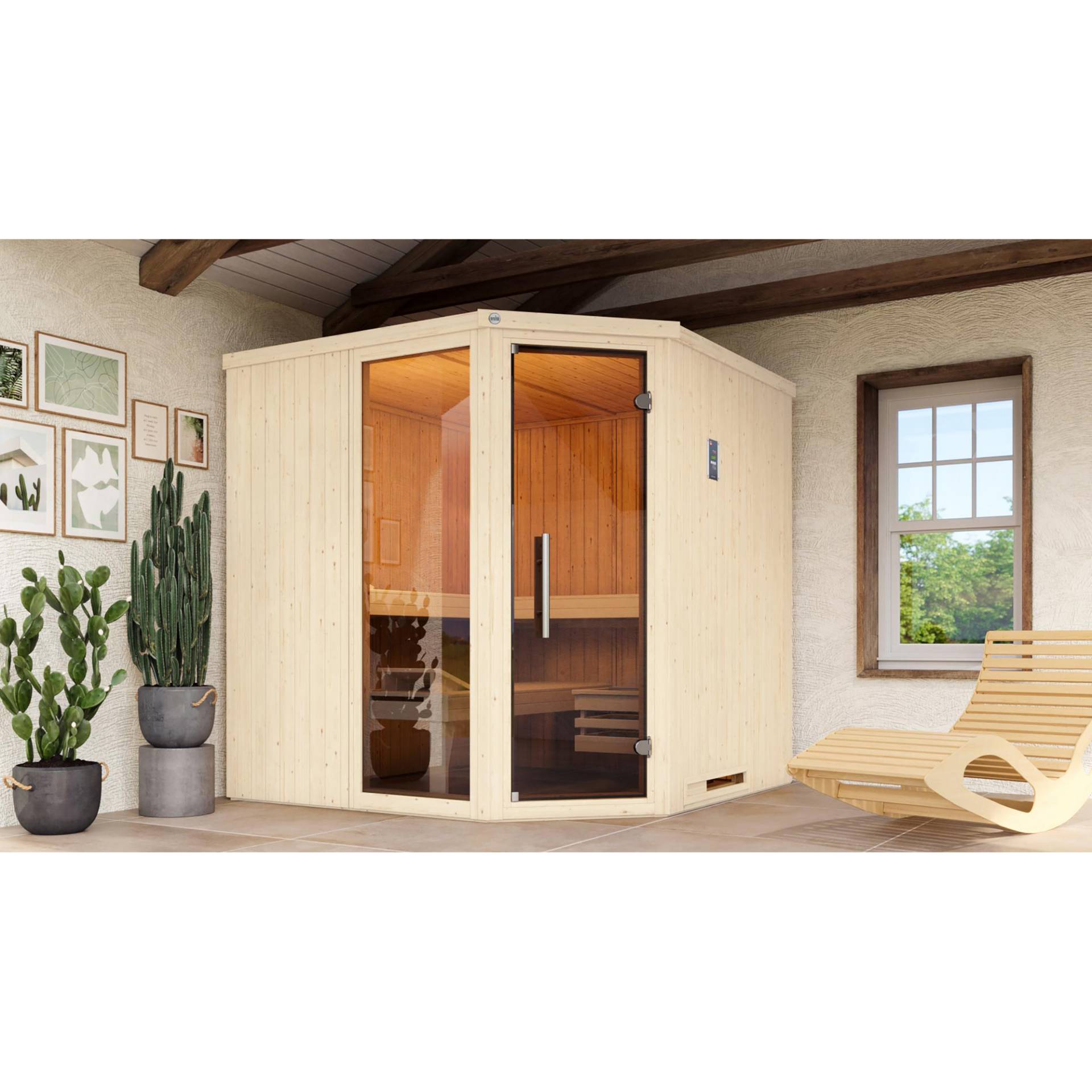 Weka Elementsauna 'Varberg 3 Eck' weiß lasiert 7,5 kW BioS-Ofen mit Steuerung Glastür Fenster 194 x 194 x 199 cm Weka Elementsauna 'Varberg 3 Eck' weiß lasiert 7,5 kW BioS-Ofen mit Steuerung Glastür Fenster 194 x 194 x 199 cm von WEKA