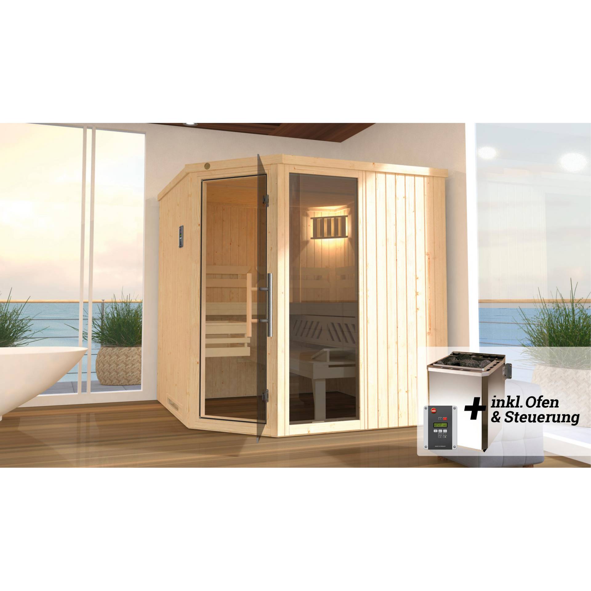 Weka Elementsauna 'Varberg 3' mit 7,5 kW BioS-Ofenset, Steuerung, Glastür, Fenster 192 x 192 x 199 cm von WEKA