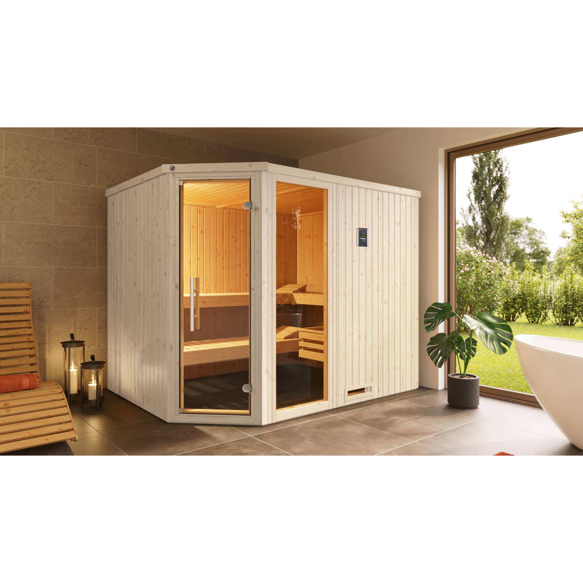 Weka Elementsauna Varberg 4 Eck' weiß lasiert 7,5 kW BioS-Ofen mit Steuerung Glastür Fenster 244 x 194 x 199 cm Weka Elementsauna Varberg 4 Eck' weiß lasiert 7,5 kW BioS-Ofen mit Steuerung Glastür Fenster 244 x 194 x 199 cm von WEKA