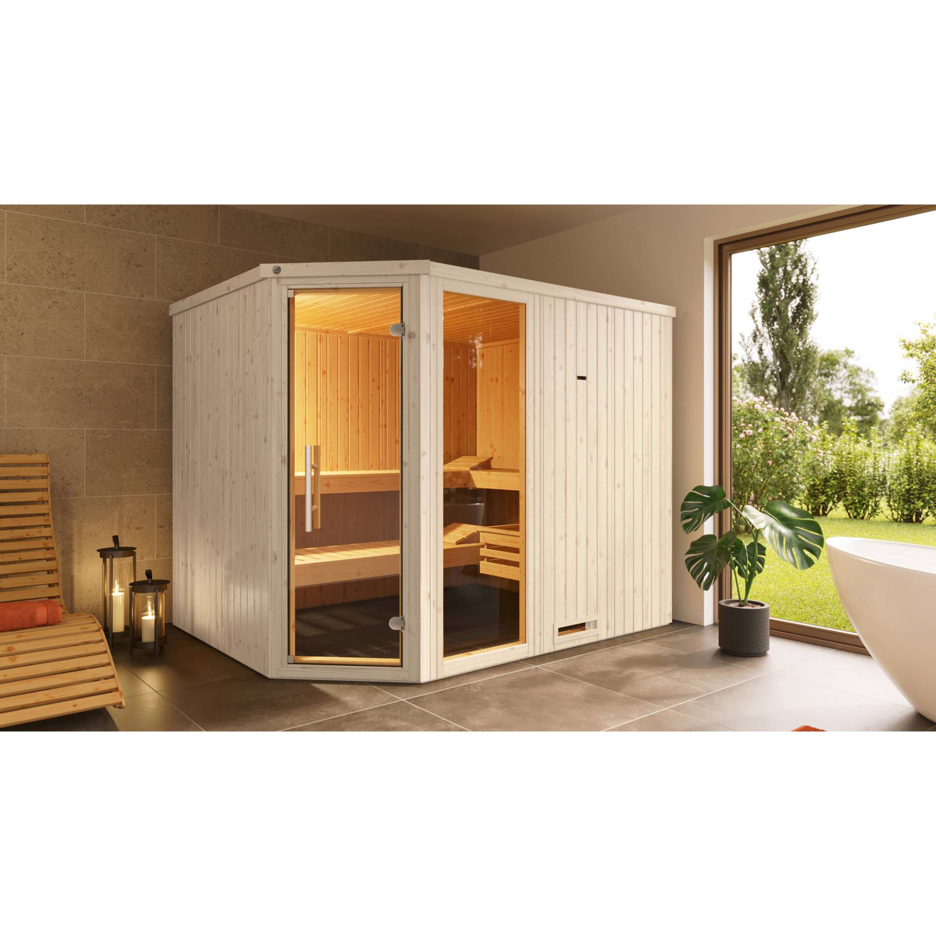 Weka Elementsauna 'Varberg 4 Eck' weiß lasiert Glastür Fenster 244 x 194 x 199 cm, ohne Ofen Weka Elementsauna 'Varberg 4 Eck' weiß lasiert Glastür Fenster 244 x 194 x 199 cm, ohne Ofen von WEKA