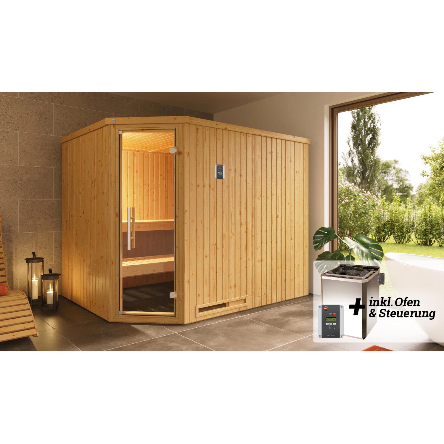 Weka Elementsauna Varberg Eck 4 Sparset 7,5 kW BioS digi. Steuerung Glastür von WEKA