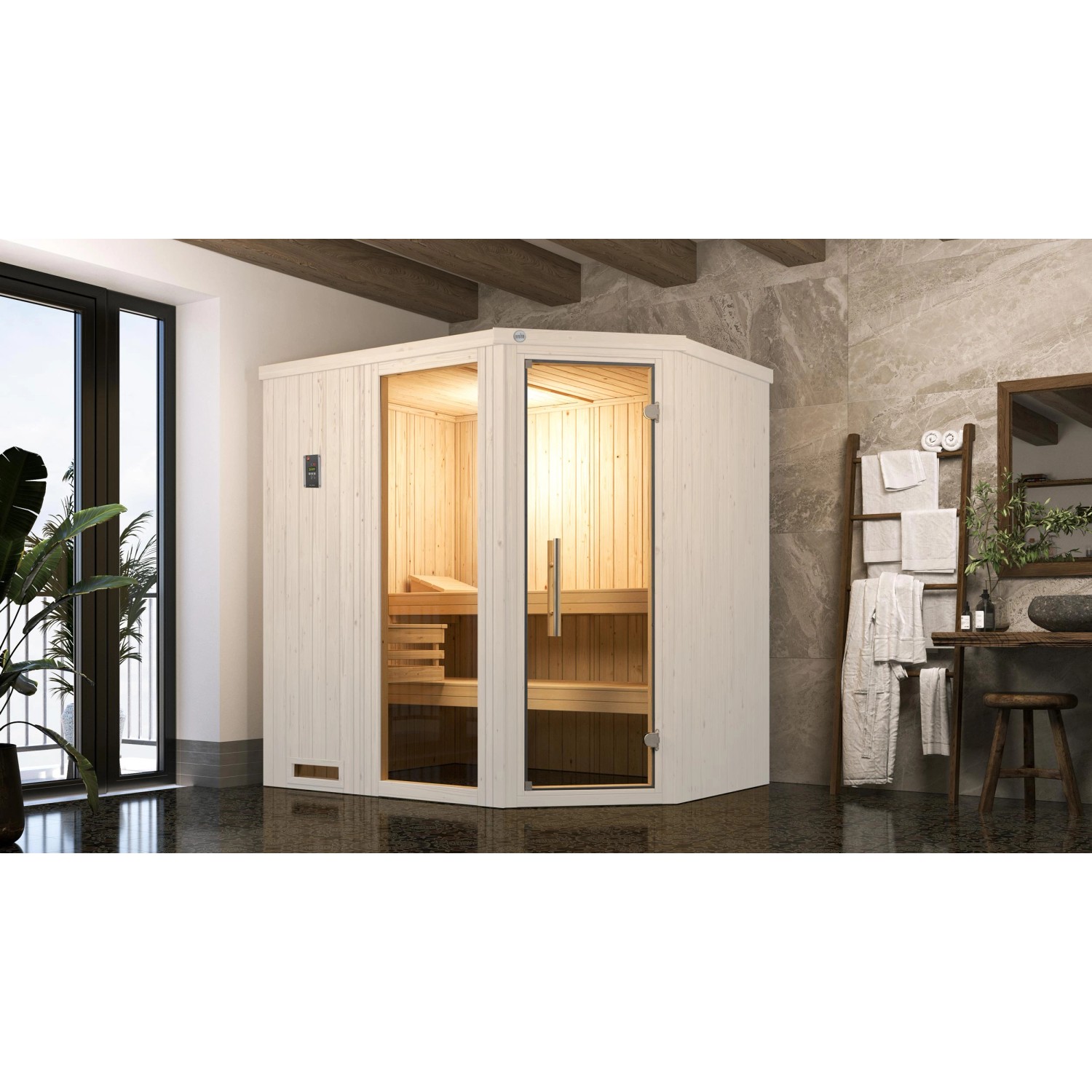 Weka Elementsauna Varberg Trend 1 Weiß Sparset 4,5 kW BioS Glastür/Fenster Weka Elementsauna Varberg Trend 1 Weiß Sparset 4,5 kW BioS Glastür/Fenster von WEKA