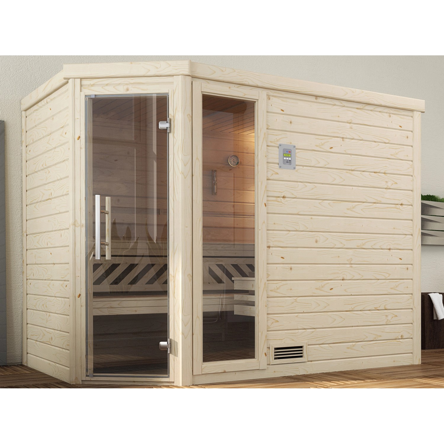 Weka Massivholz-Ecksauna 536 OS Set Gr. 2 mit Glastür und Fensterelement von WEKA