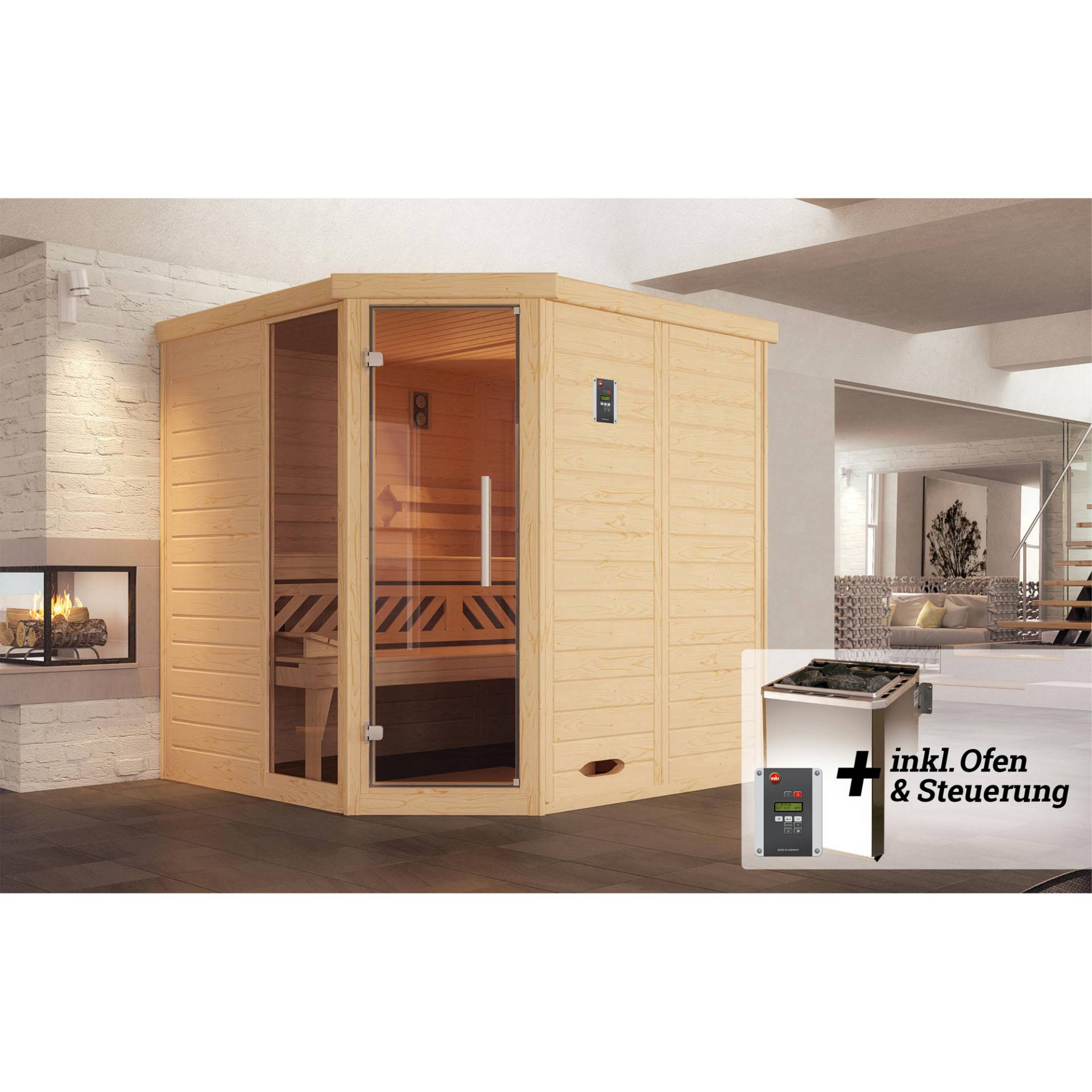 Weka Massivholz-Elementsauna 'Kemi 2 Eck' mit 7,5 kW BioS-Ofenset, Steuerung, Glastür, Fenster 188 x 188 x 200 cm von WEKA