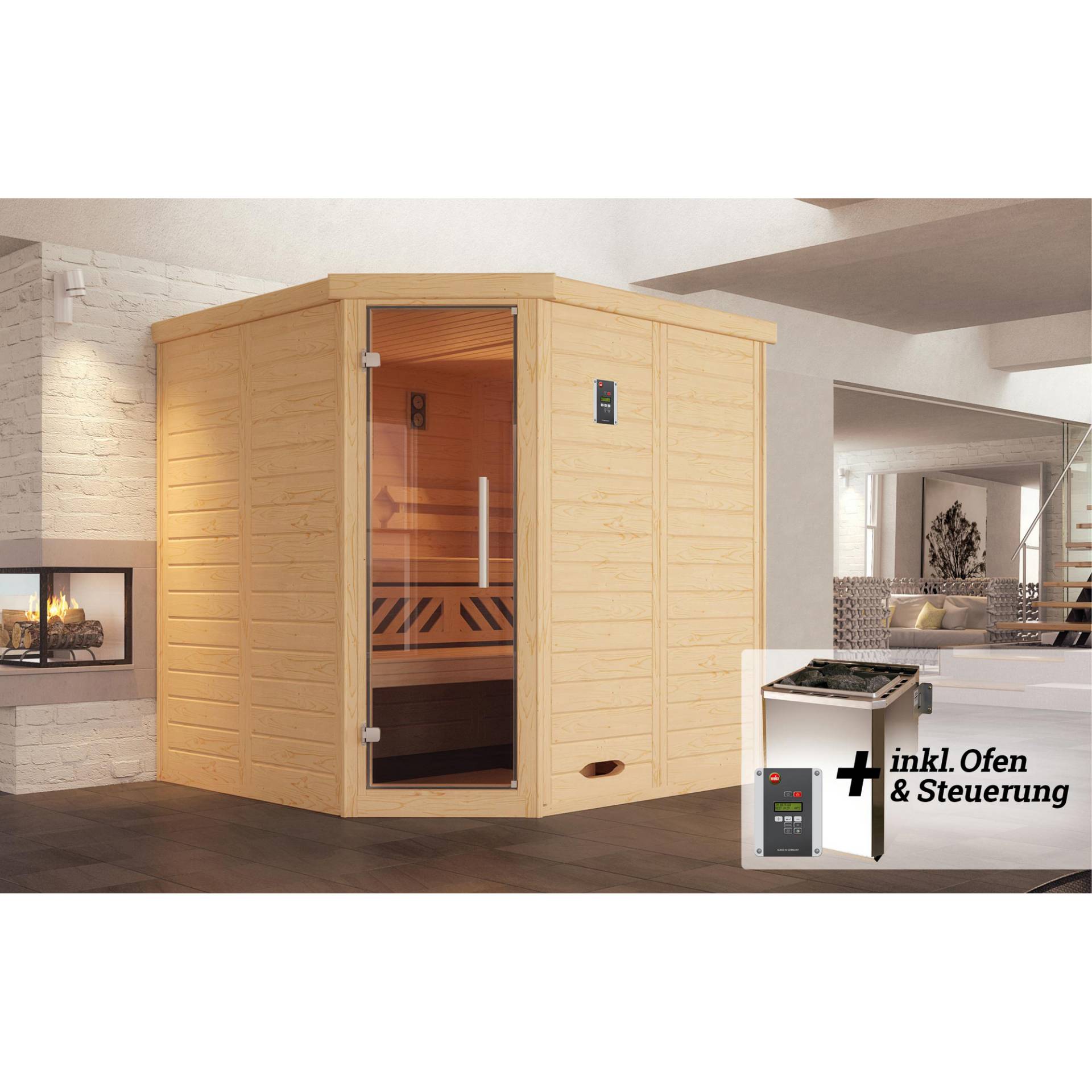 Weka Massivholz-Elementsauna 'Kemi 2 Eck' mit 7,5 kW BioS-Ofenset, Steuerung, Glastür 188 x 188 x 200 cm von WEKA