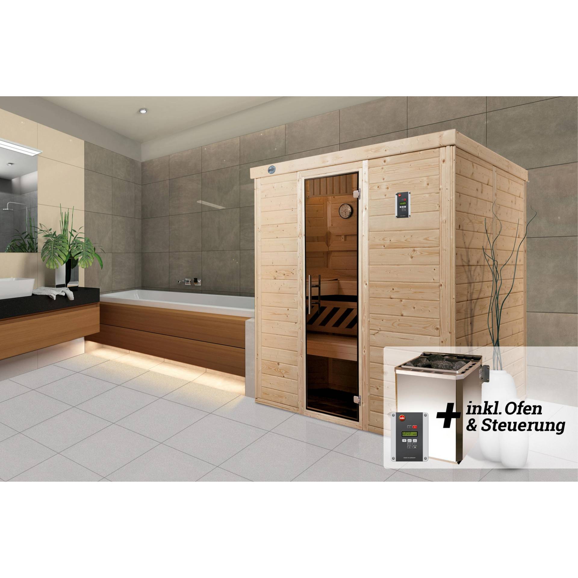 Weka Massivholz-Elementsauna 'Kemi 4' mit 7,5 kW BioS-Ofenset, Steuerung, Glastür 188 x 188 x 200 cm Weka Massivholz-Elementsauna 'Kemi 4' mit 7,5 kW BioS-Ofenset, Steuerung, Glastür 188 x 188 x 200 cm von WEKA