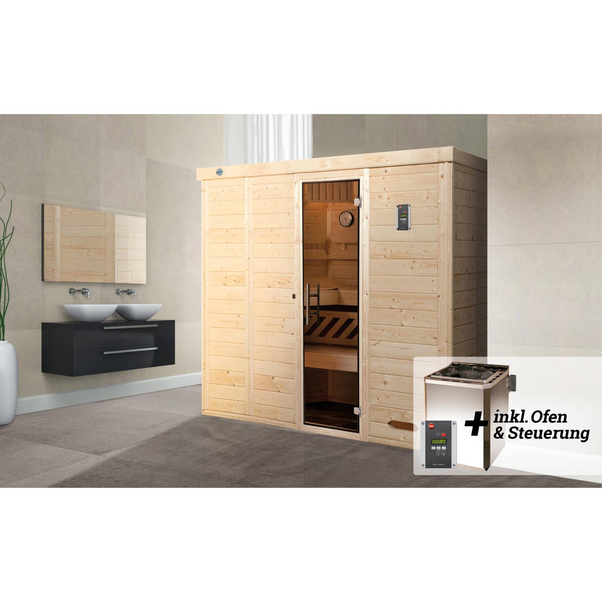 Weka Massivholz-Elementsauna 'Kemi 5' mit 7,5 kW BioS-Ofenset, Steuerung, Glastür 238 x 188 x 200 cm von WEKA