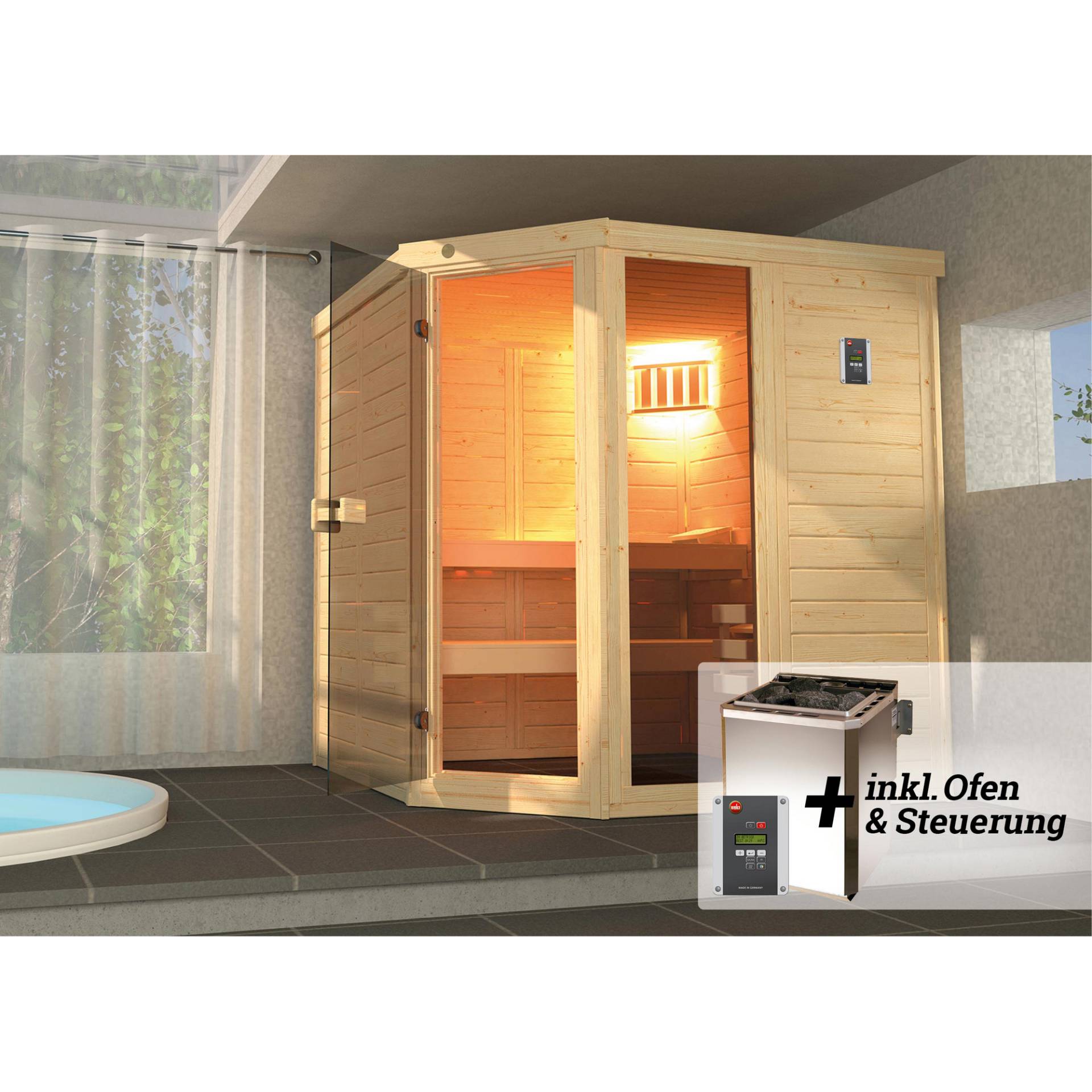 Weka Massivholz-Elementsauna 'Laukkala 2' mit 7,5 kW BioS-Ofenset, Steuerung, Glastür, Fenster 186,6 x 138,6 x 200 cm Weka Massivholz-Elementsauna 'Laukkala 2' mit 7,5 kW BioS-Ofenset, Steuerung, Glastür, Fenster 186,6 x 138,6 x 200 cm von WEKA