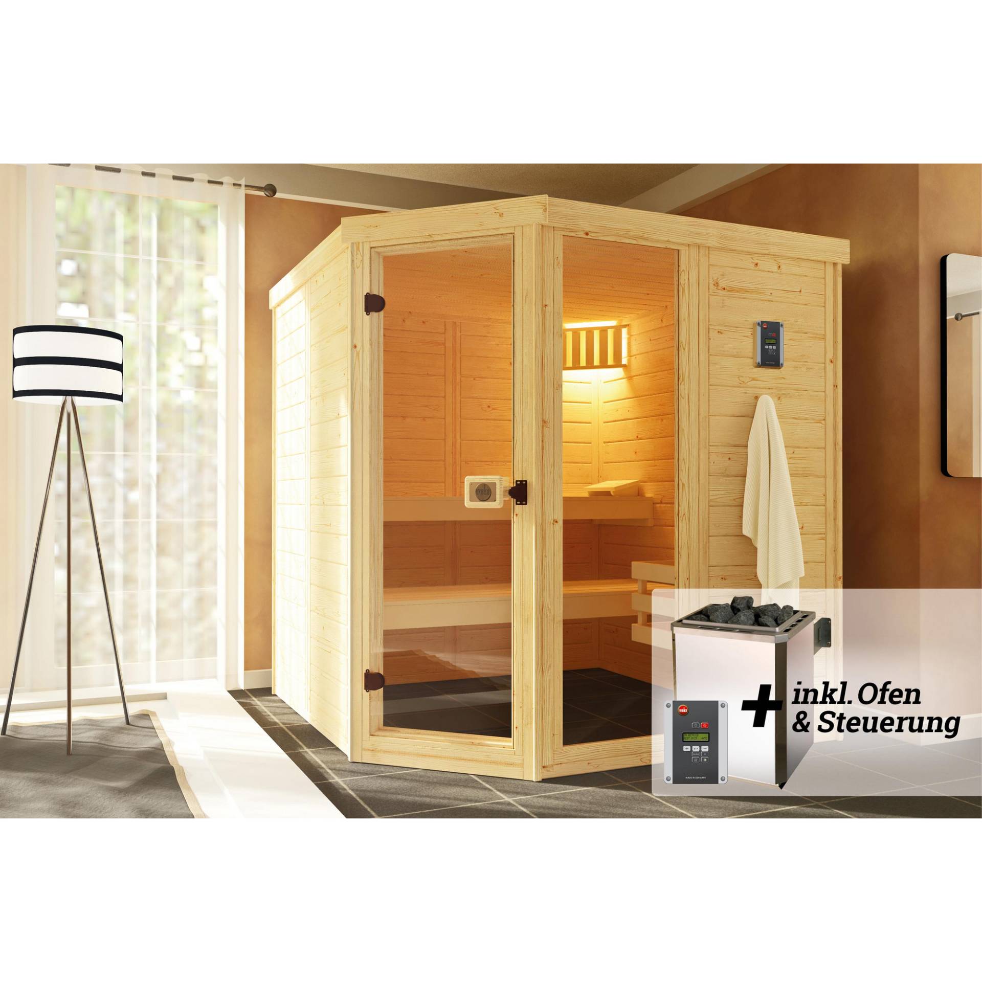 Weka Massivholz-Elementsauna 'Laukkala 3' mit 7,5 kW OS-Ofenset, Steuerung, Glastür, Fenster 186,6 x 186,6 x 200 cm Weka Massivholz-Elementsauna 'Laukkala 3' mit 7,5 kW OS-Ofenset, Steuerung, Glastür, Fenster 186,6 x 186,6 x 200 cm von WEKA