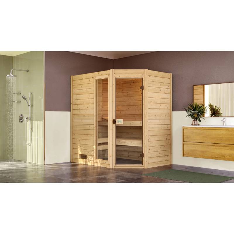 Weka Massivholzsauna Valida Eck 1 5,4 kW Kompakt Glastür/Fenster von WEKA
