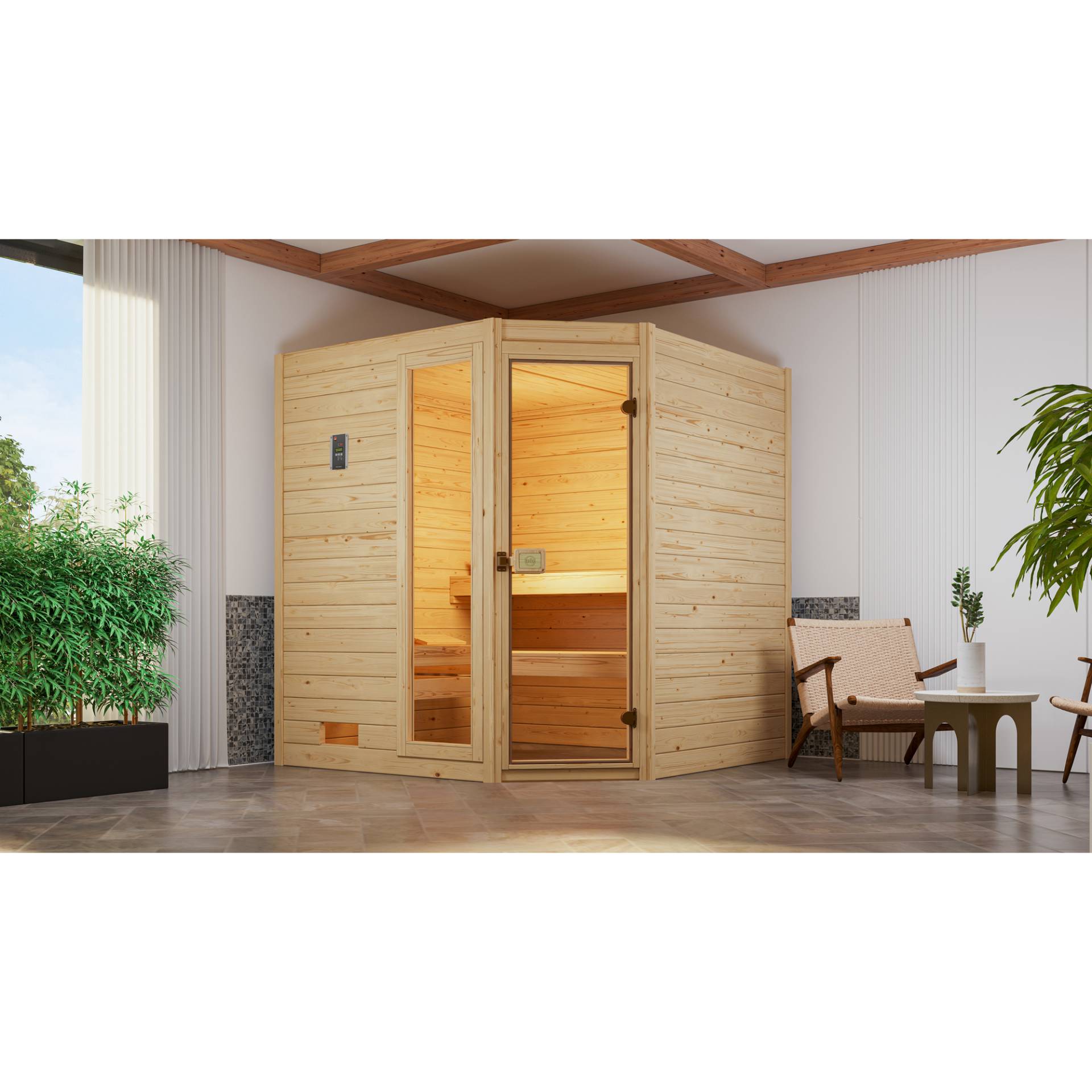 Weka Massivholz-Sauna 'Valida 2 Eck' mit 7,5 kW BioS-Ofenset, Steuerung, Glastür, Fenster 187 x 170 x 203,5 cm von WEKA