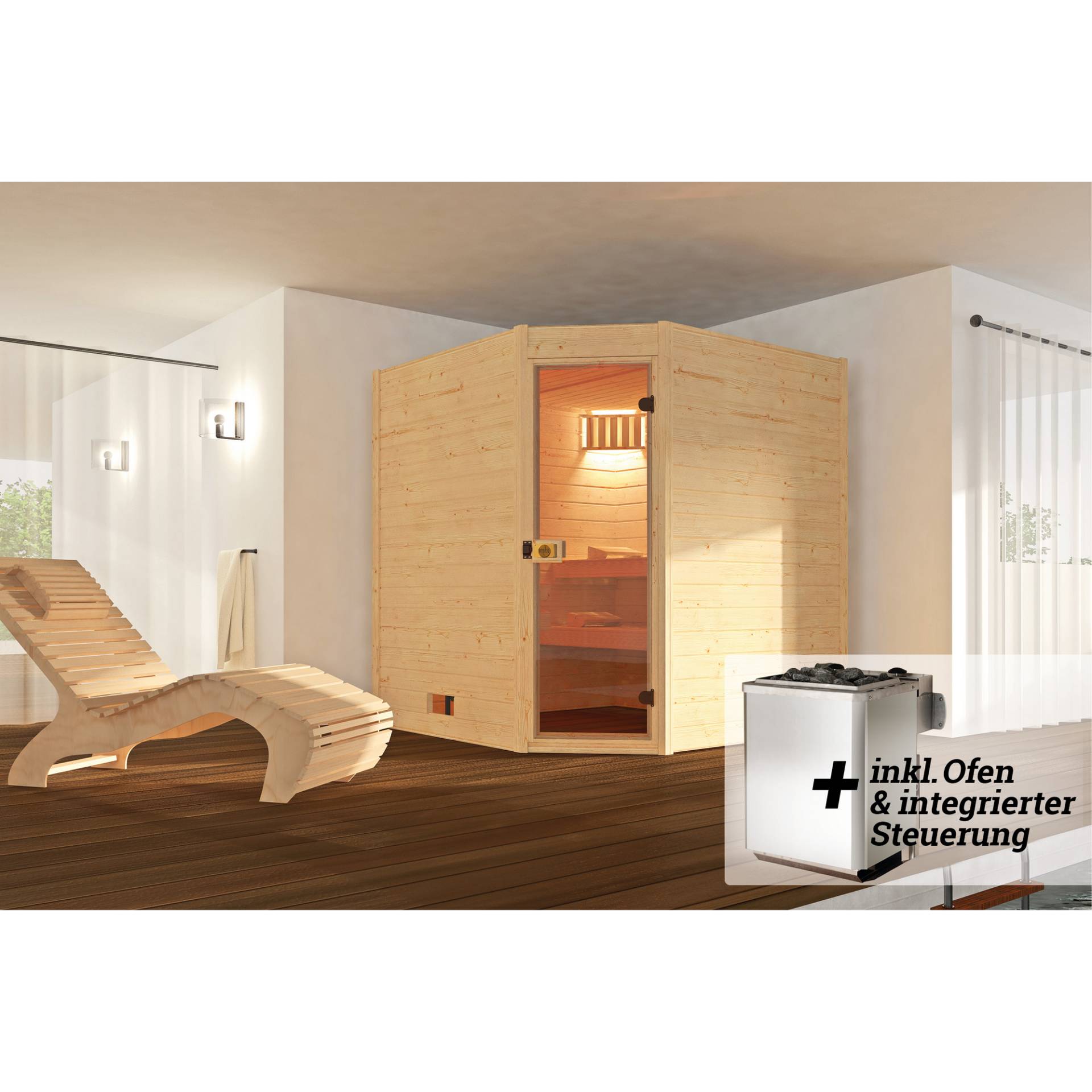 Weka Massivholz-Sauna 'Valida 3 Eck' mit 9 kW K-Ofenset, integrierter Steuerung, Glastür 187 x 187 x 203,5 cm von WEKA