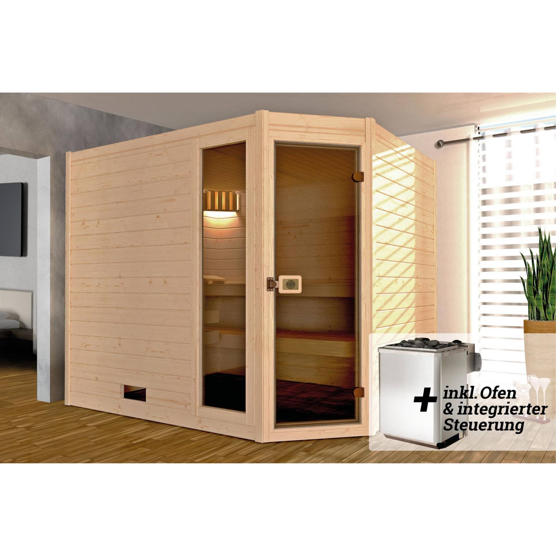 Weka Massivholz-Sauna 'Valida 4 Eck' mit 9 kW K-Ofenset, integrierter Steuerung, Glastür, Fenster 237 x 187 x 203,5 cm von WEKA