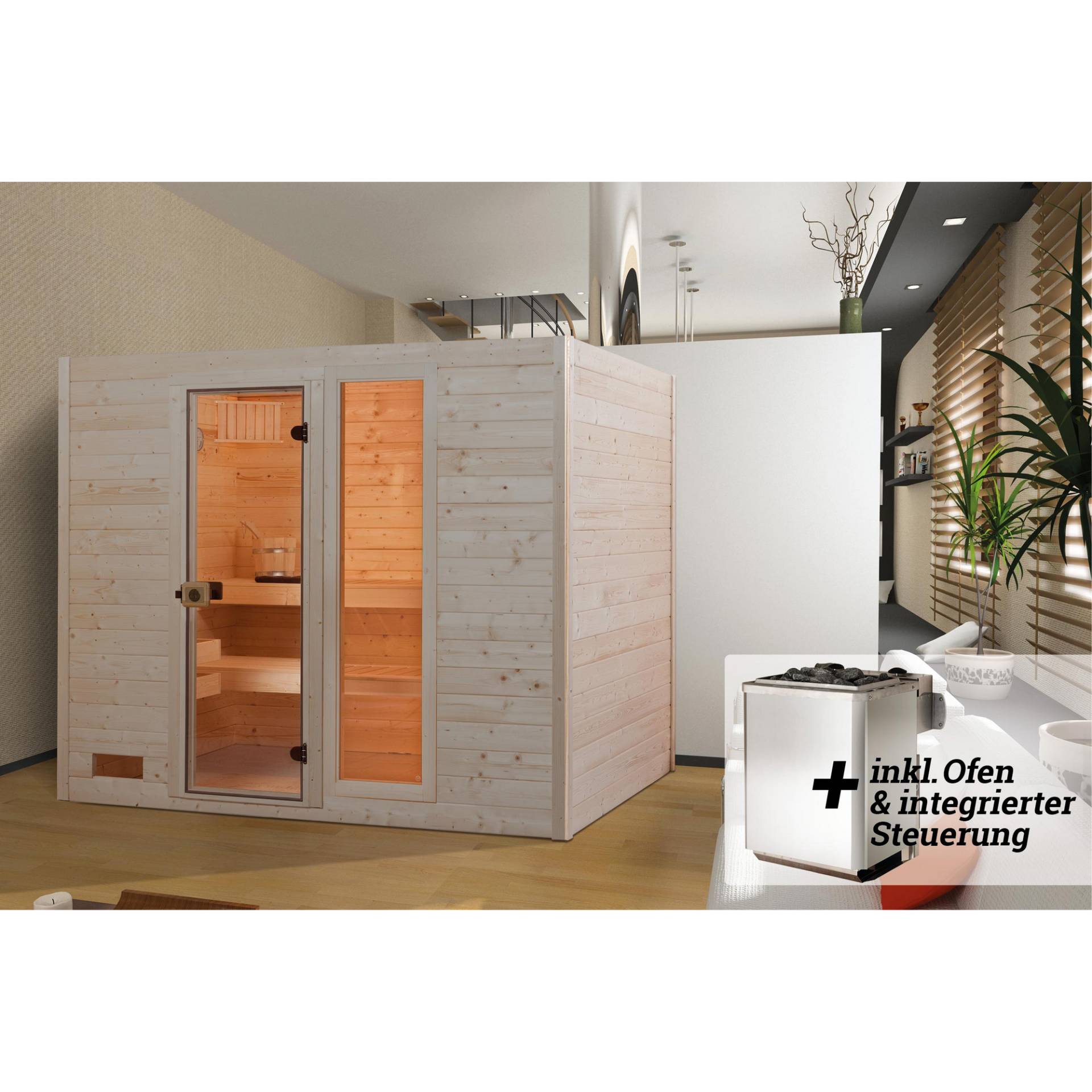 Weka Massivholz-Sauna 'Valida 4' mit 9 kW K-Ofenset, integrierter Steuerung, Glastür, Fenster 237 x 187 x 203,5 cm von WEKA