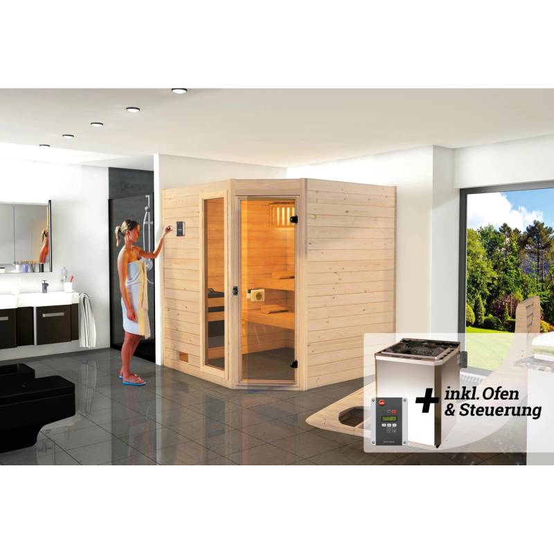 Weka Massivholzsauna Valida Eck 1.8 Sparset 7,5 kW BioS Glastür/Fenster von WEKA