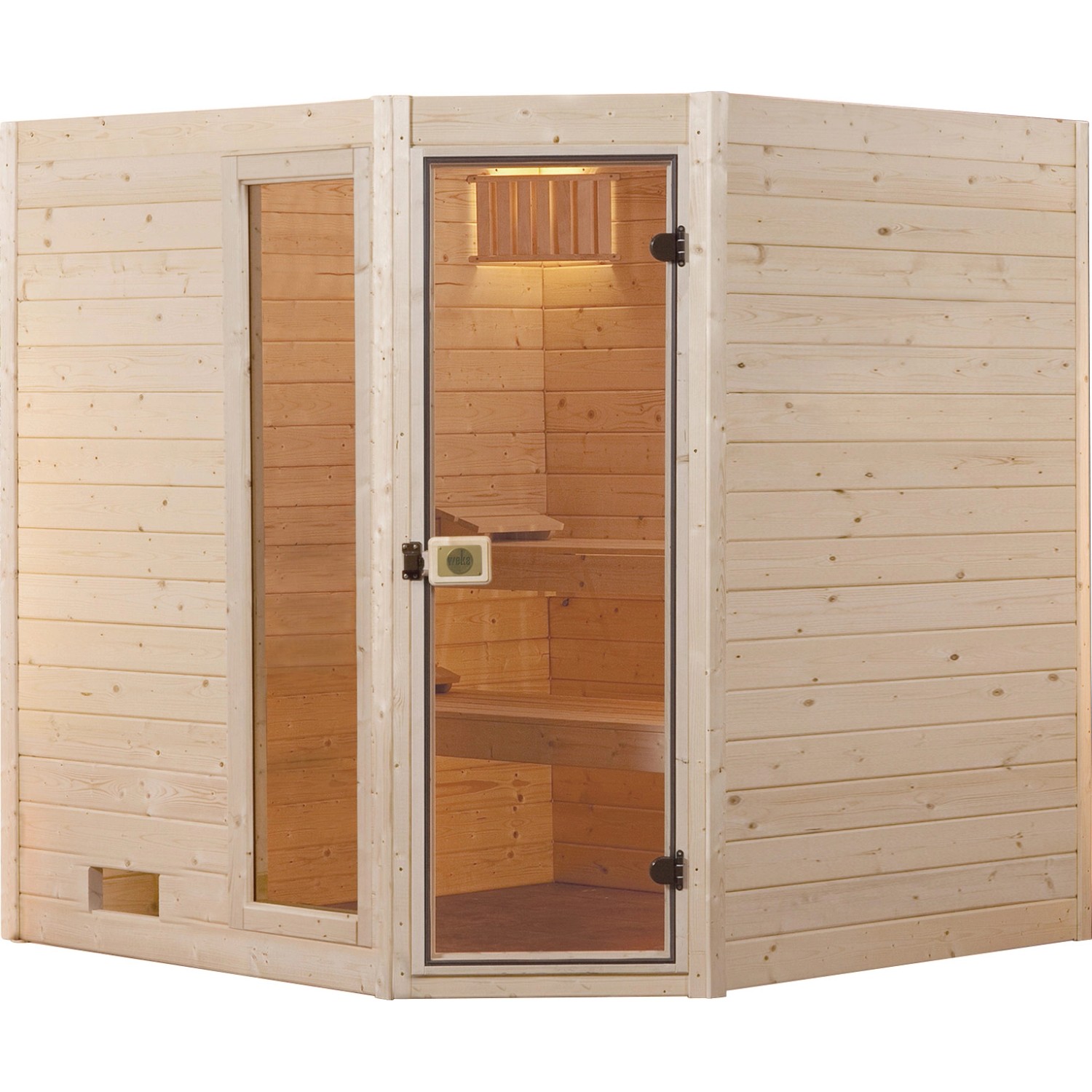 Weka Massivholzsauna 38mm Valida Eck 1 mit Glastür und Fensterelement, Sparset 1 von WEKA