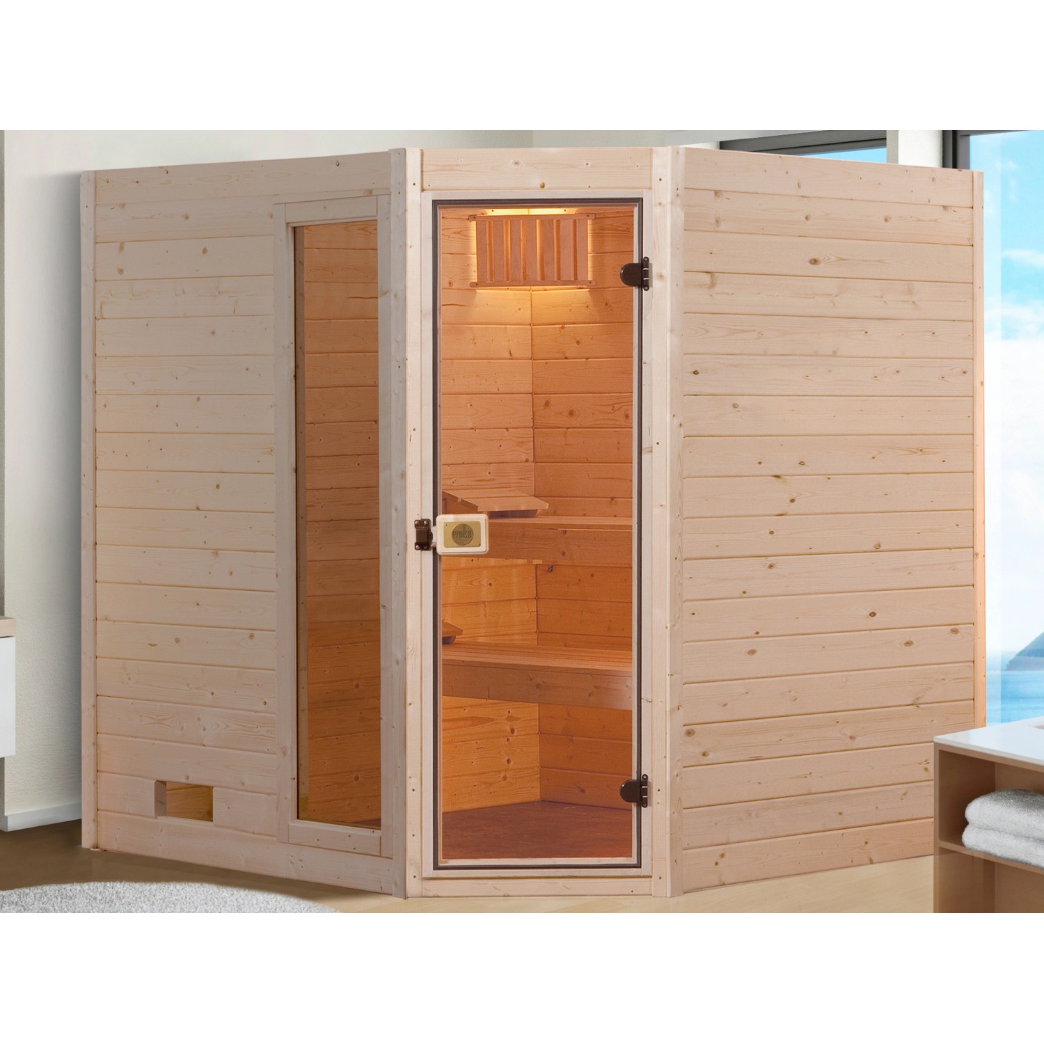 Weka Massivholzsauna 38 mm Valida Eck 1 mit Glastür und Fensterelement Sparset 2 von WEKA