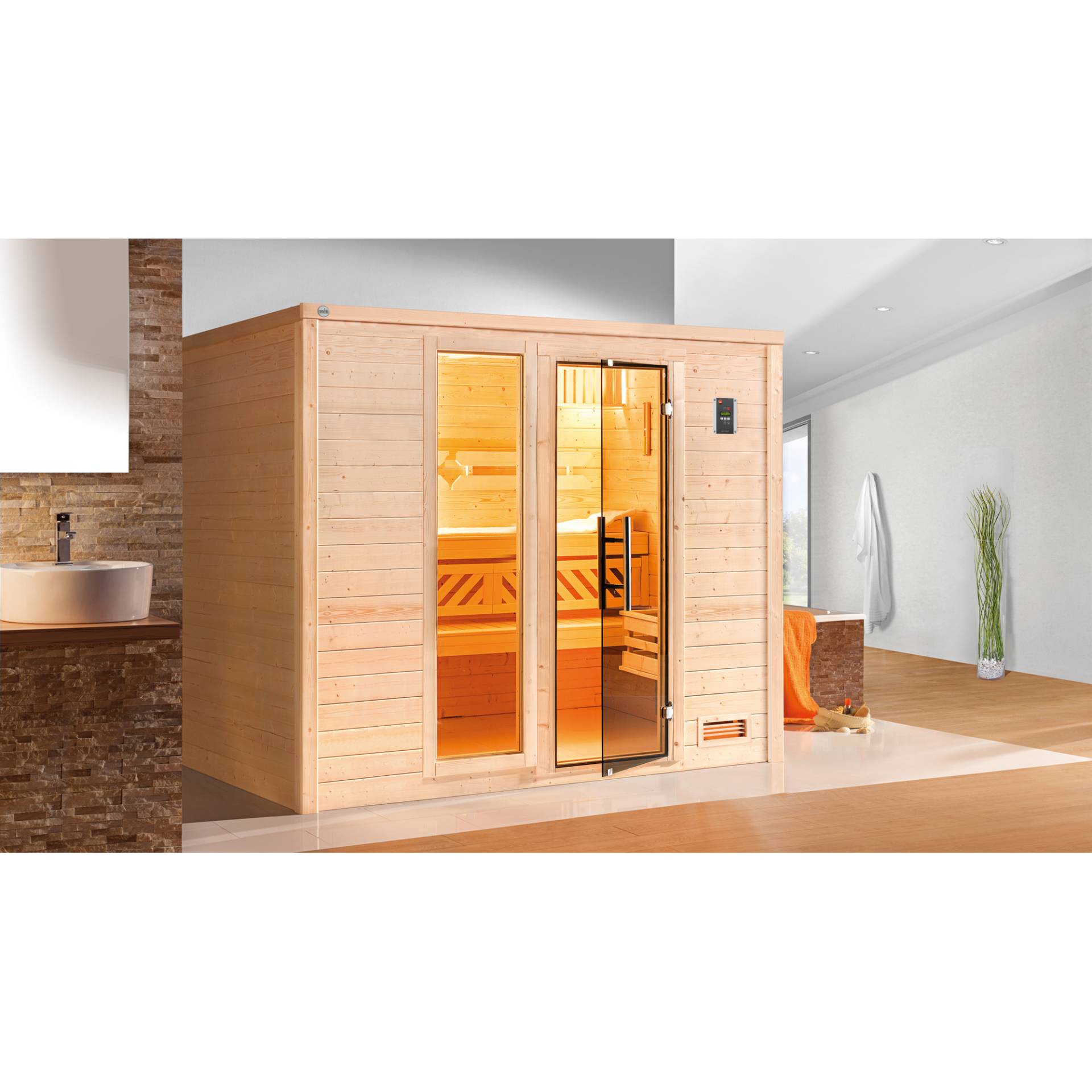 Weka Massivholzsauna 'Bergen 3' natur Glastür, Fenster 238 x 205 x 188 cm, ohne Ofen Weka Massivholzsauna 'Bergen 3' natur Glastür, Fenster 238 x 205 x 188 cm, ohne Ofen von WEKA
