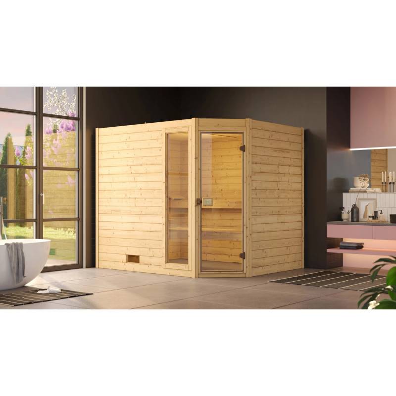 Weka Massivholzsauna Valida Eck 3 Sparset 9 kW OS Glastür/Fenster von WEKA