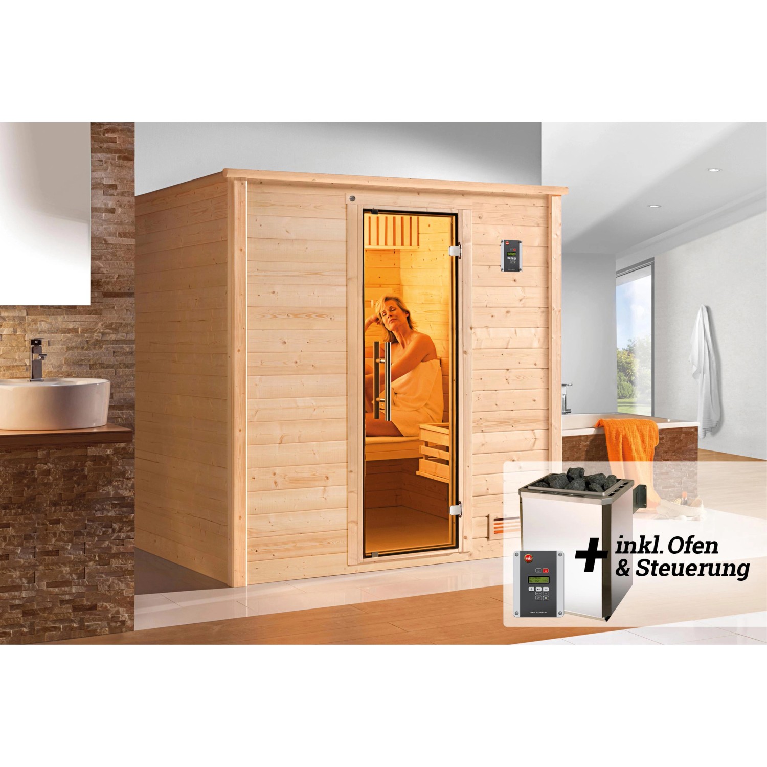 Weka Premium Massivholz-Sauna Bergen 2 Sparset 7,5 kW OS digi. Steuerung Glastür von WEKA