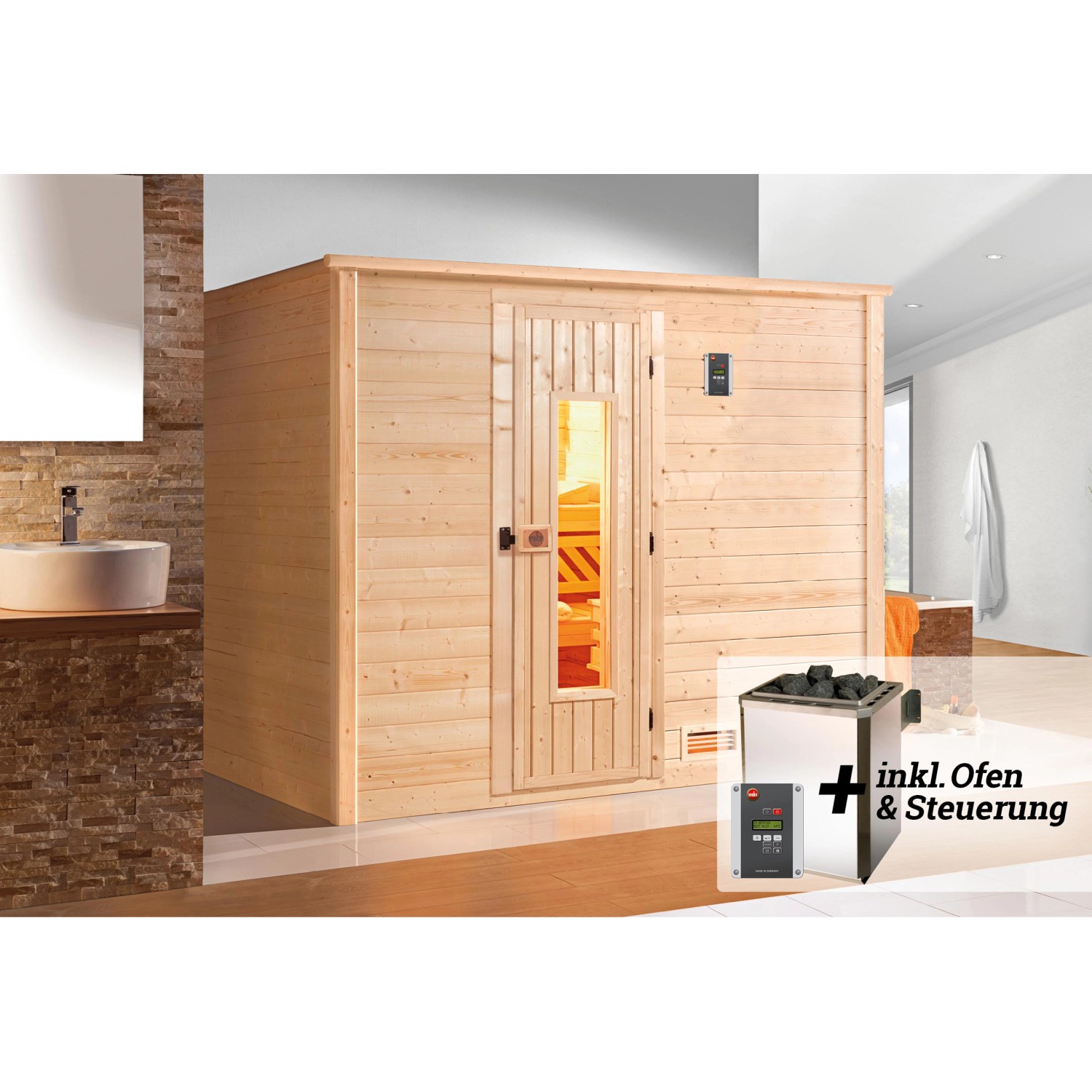 Weka Premium Massivholz-Sauna Bergen 3 Sparset 7,5 kW OS digi. Steuerung von WEKA