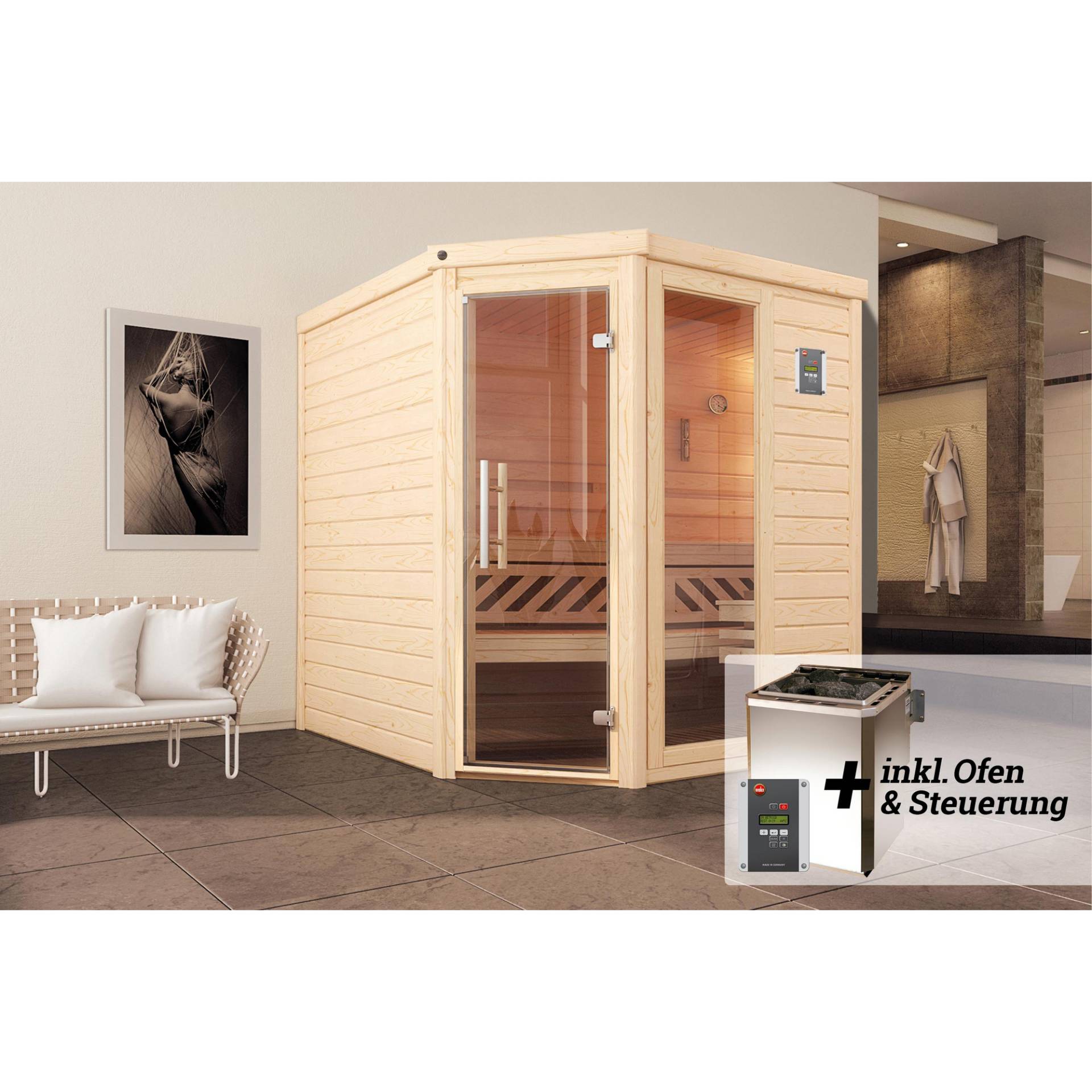 Weka Premium-Massivholz-Sauna 'Turku 2 Eck' mit 7,5 kW BioS-Ofenset, Steuerung, Glastür, Fenster 188 x 188 x 205 cm von WEKA