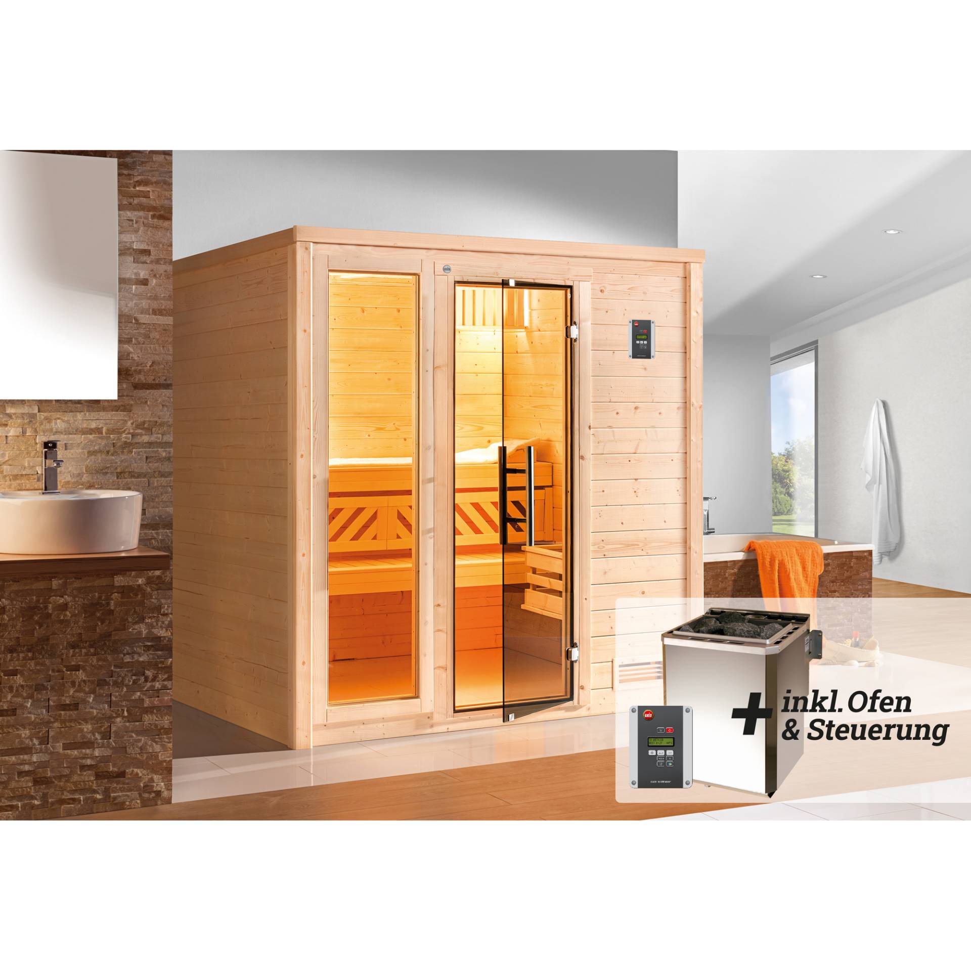 Weka Premium-Massivholzsauna 'Bergen 1' mit 7,5 kW BioS-Ofenset, Steuerung, Glastür, Fenster 188 x 138 x 205 cm von WEKA