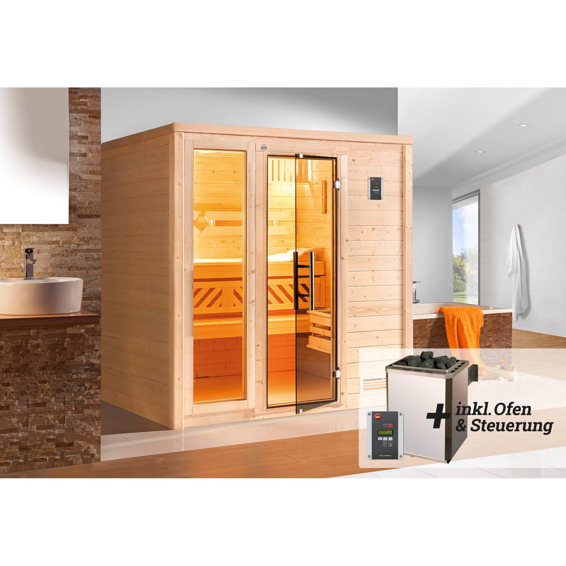 Weka Premium-Massivholzsauna 'Bergen 1.8' mit 7,5 kW OS-Ofenset, Steuerung, Glastür, Fenster 188 x 171 x 205 cm von WEKA