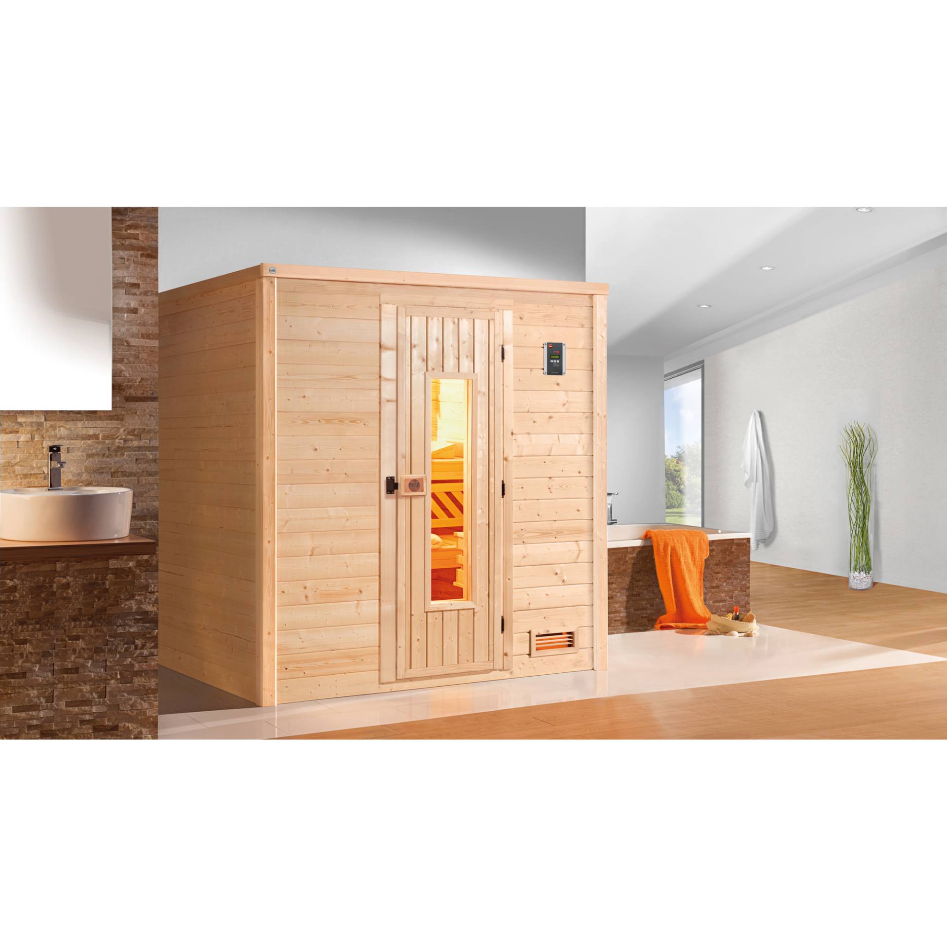 Weka Premium-Massivholzsauna 'Bergen 2' natur Holztür 198 x 198 x 205 cm, ohne Ofen Weka Premium-Massivholzsauna 'Bergen 2' natur Holztür 198 x 198 x 205 cm, ohne Ofen von WEKA