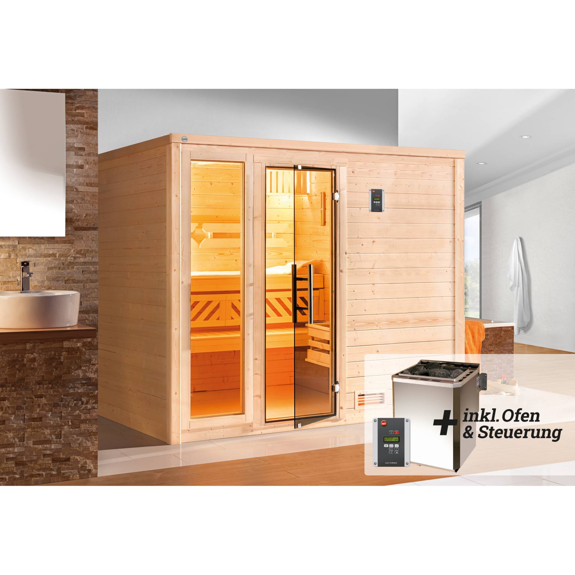 Weka Premium-Massivholzsauna 'Bergen 3' mit 7,5 kW BioS-Ofenset, Steuerung, Glastür, Fenster 238 x 188 x 205 cm von WEKA