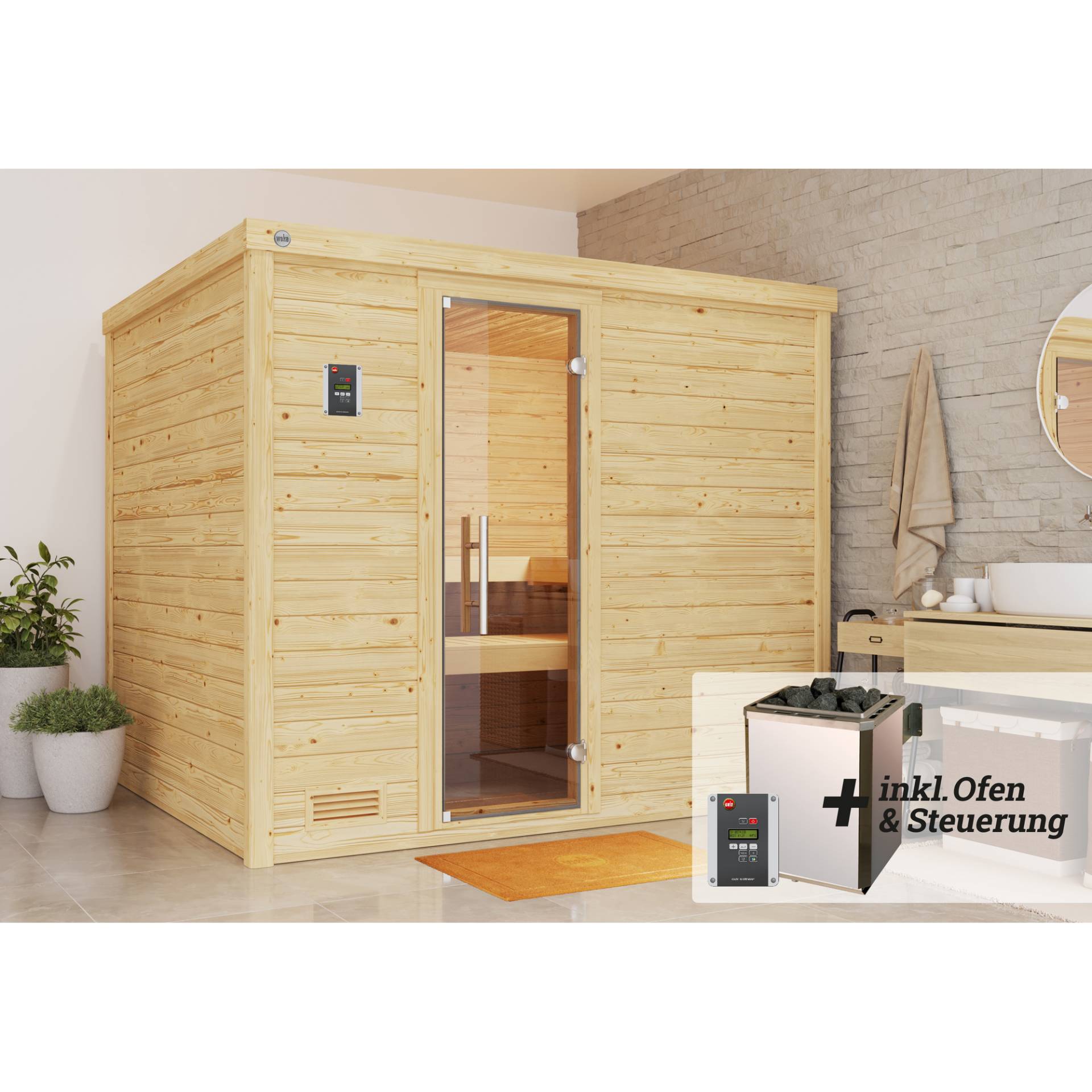 Weka Premium-Massivholzsauna 'Bergen 3' mit 7,5 kW OS-Ofenset, Steuerung, Glastür 238 x 188 x 205 cm Weka Premium-Massivholzsauna 'Bergen 3' mit 7,5 kW OS-Ofenset, Steuerung, Glastür 238 x 188 x 205 cm von WEKA