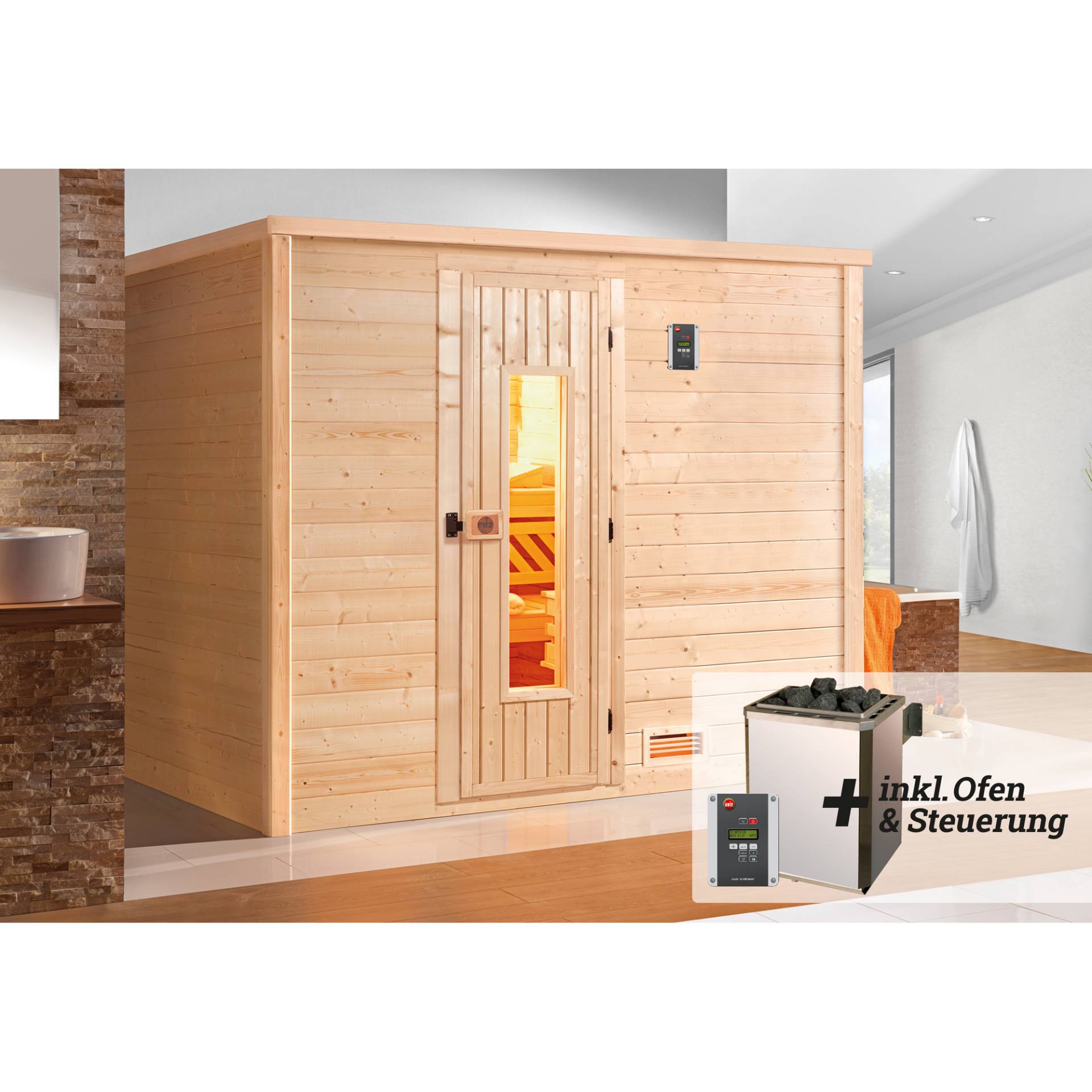 Weka Premium-Massivholzsauna 'Bergen 3' mit 7,5 kW OS-Ofenset, Steuerung, Massivholztür 238 x 188 x 205 cm von WEKA