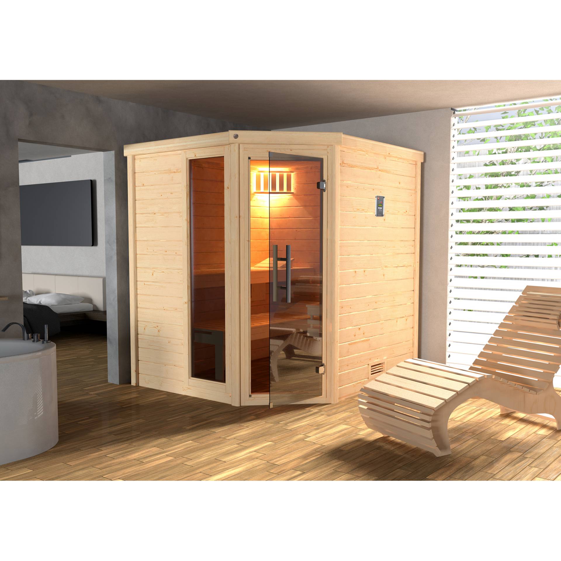 Weka Premium-Massivholzsauna 'Turku 1' 195 x 178 x 205 cm mit Glastür, Fenster, Leuchtenset und 7,5 kW BioS-Ofenset Weka Premium-Massivholzsauna 'Turku 1' 195 x 178 x 205 cm mit Glastür, Fenster, Leuchtenset und 7,5 kW BioS-Ofenset von WEKA