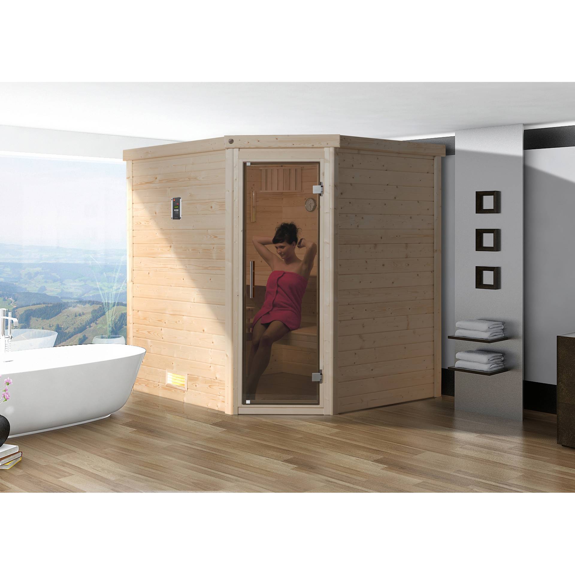 Weka Premium-Massivholzsauna 'Turku 1' 195 x 178 x 205 cm mit Glastür, Leuchtenset und 7,5 kW BioS-Ofenset von WEKA