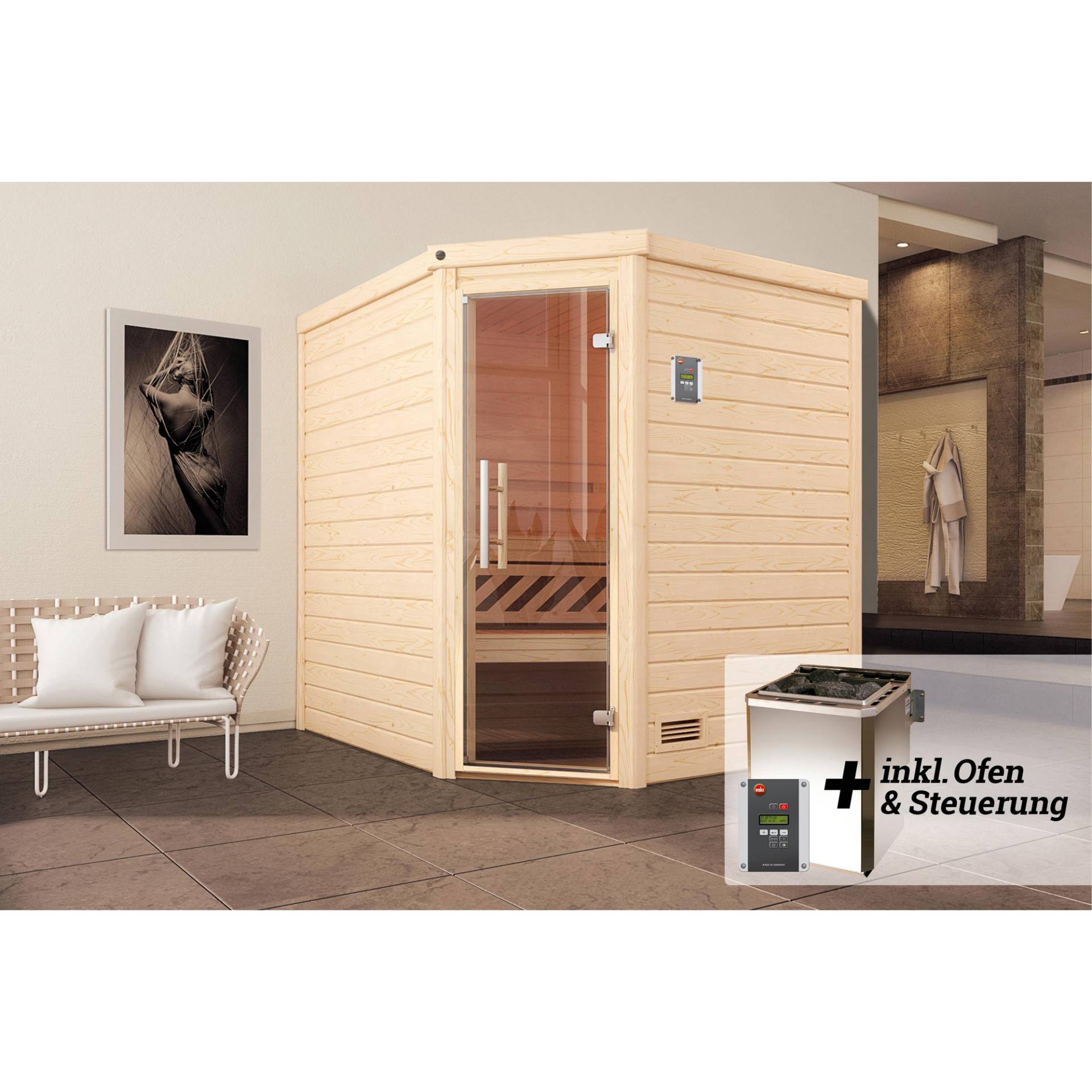 Weka Premium-Massivholzsauna 'Turku 2 Eck' mit 7,5 kW BioS-Ofenset, Steuerung, Glastür 188 x 188 x 205 cm Weka Premium-Massivholzsauna 'Turku 2 Eck' mit 7,5 kW BioS-Ofenset, Steuerung, Glastür 188 x 188 x 205 cm von WEKA