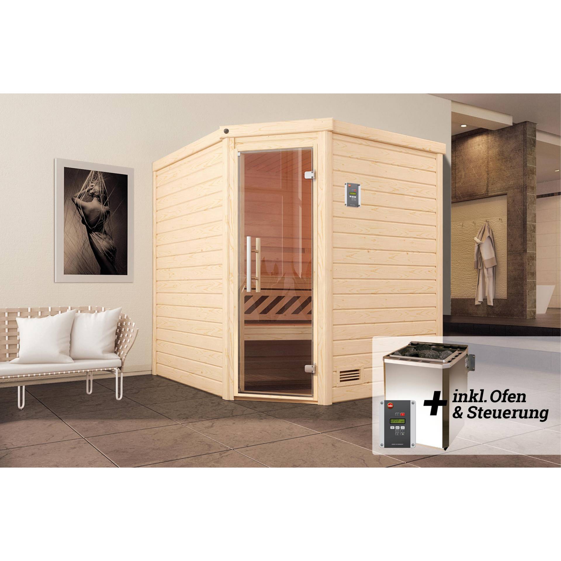 Weka Premium-Massivholzsauna 'Turku 2 Eck' mit 7,5 kW BioS-Ofenset, Steuerung, Glastür 188 x 188 x 205 cm von WEKA