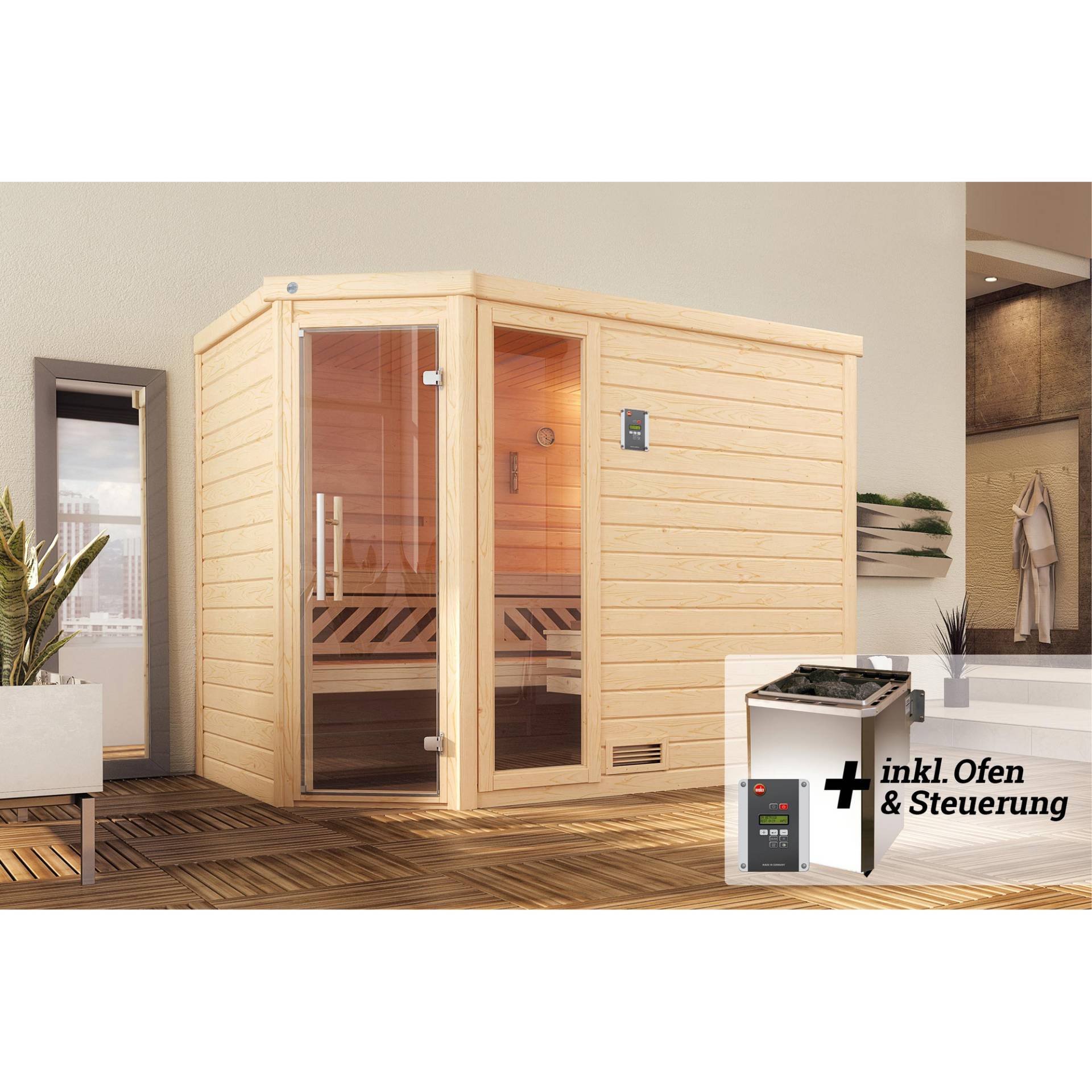 Weka Premium-Massivholzsauna 'Turku 3 Eck' mit 7,5 kW BioS-Ofenset, Steuerung, Glastür, Fenster 238 x 188 x 205 cm von WEKA