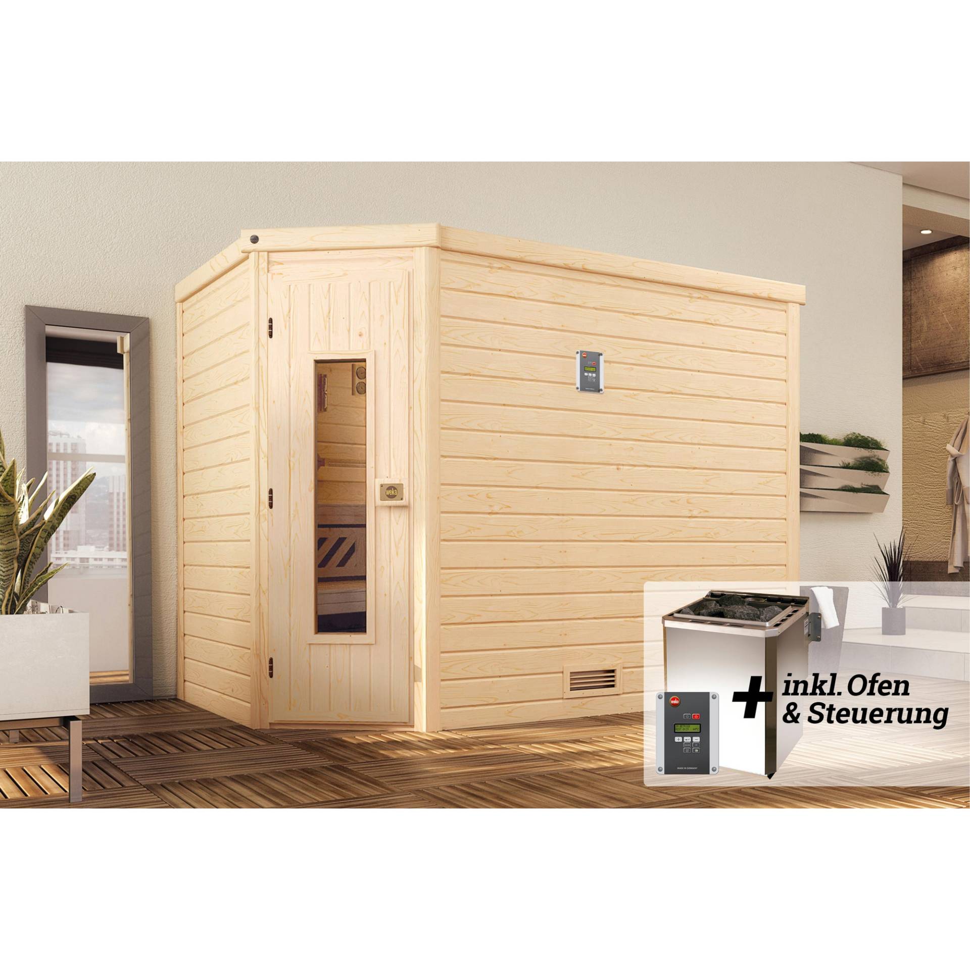 Weka Premium-Massivholzsauna 'Turku 3 Eck' mit 7,5 kW BioS-Ofenset, Steuerung, Massivholztür 238 x 188 x 205 cm von WEKA