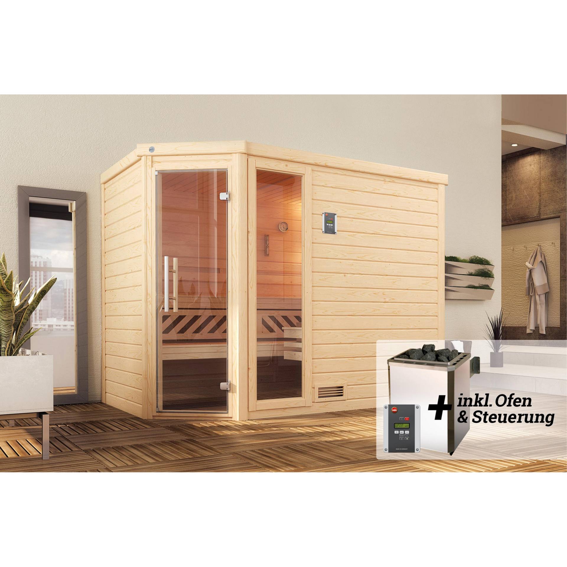 Weka Premium-Massivholzsauna 'Turku 3 Eck' mit 7,5 kW OS-Ofenset, Steuerung, Glastür, Fenster 238 x 188 x 205 cm von WEKA