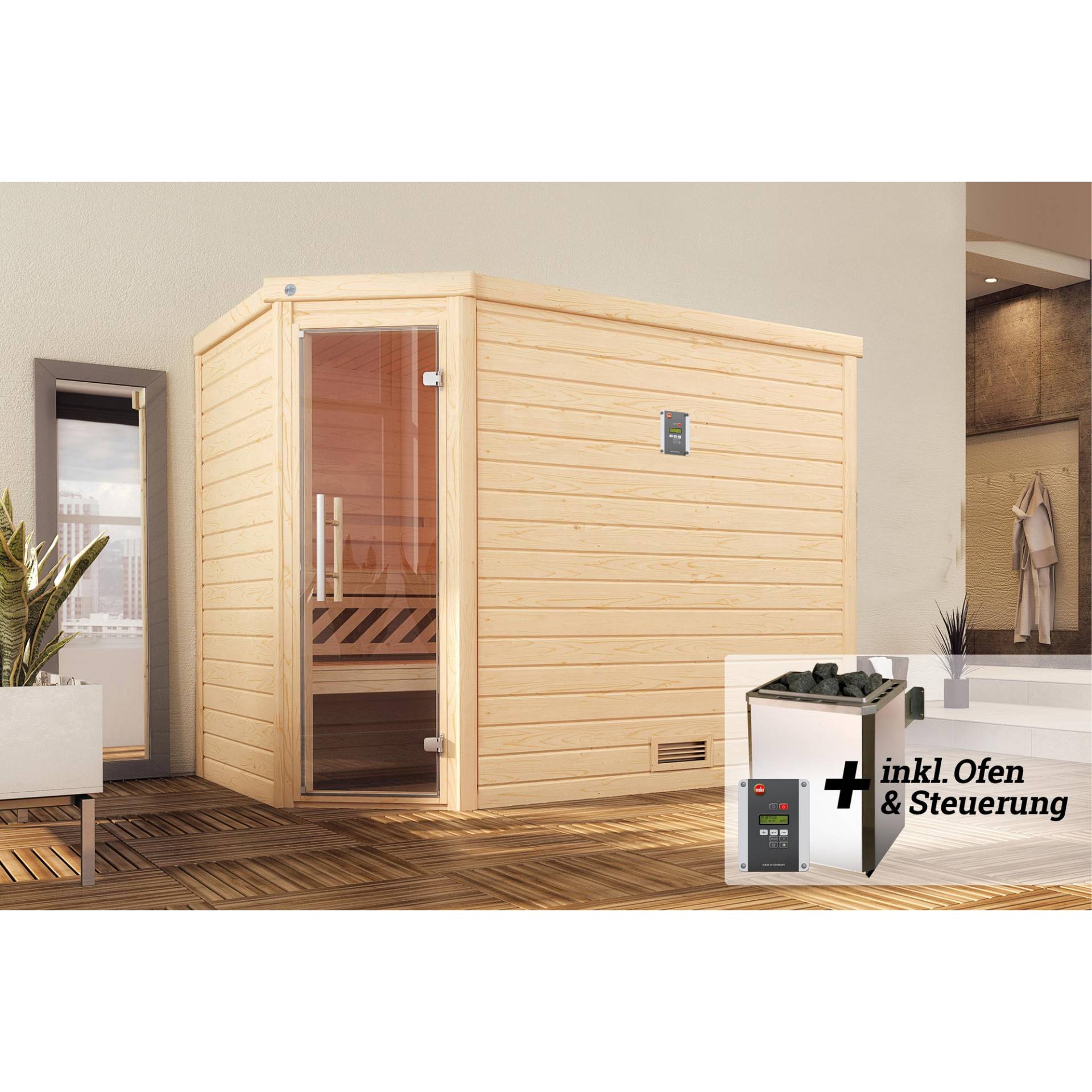 Weka Premium-Massivholzsauna 'Turku 3 Eck' mit 7,5 kW OS-Ofenset, Steuerung, Glastür 238 x 188 x 205 cm von WEKA