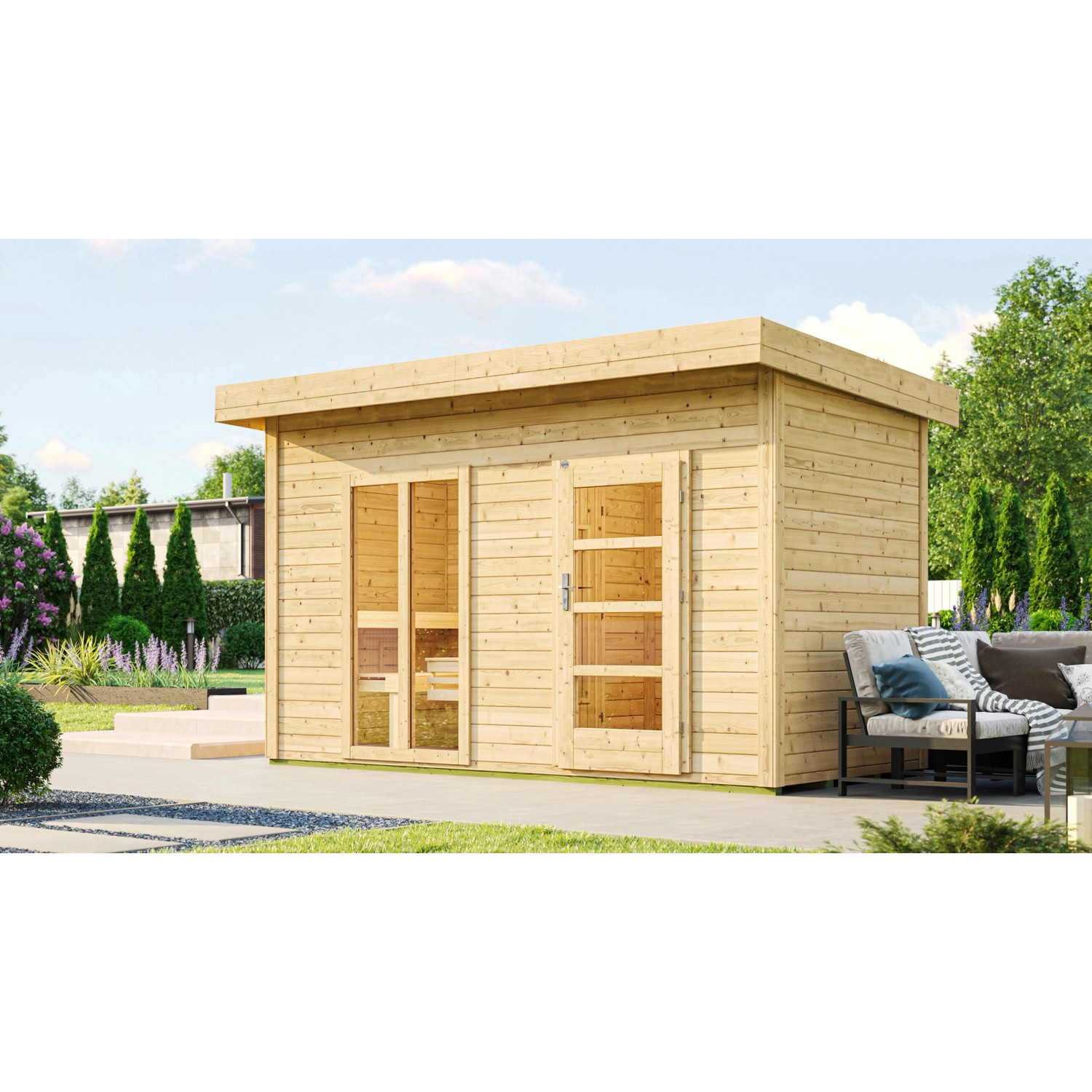 Weka Saunahaus Farsund Vorraum bodentiefem Fenster Technik 9 kW BioS Natur Weka Saunahaus Farsund Vorraum bodentiefem Fenster Technik 9 kW BioS Natur von WEKA