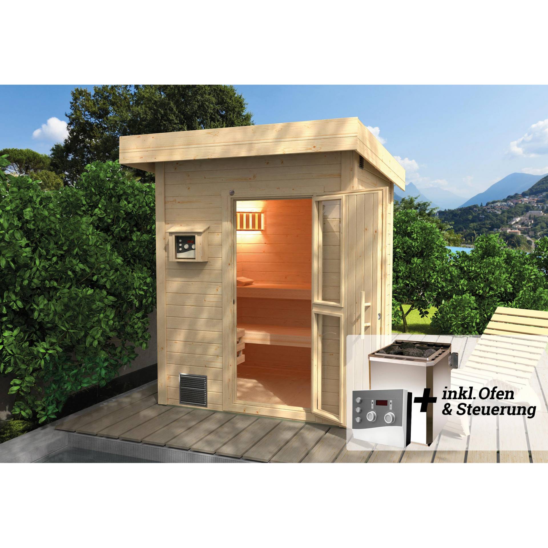 Weka Saunahaus 'Naantali' natur mit 9 kW BioS-Ofenset, externe Steuerung 186,6 x 186,6 x 253 Weka Saunahaus 'Naantali' natur mit 9 kW BioS-Ofenset, externe Steuerung 186,6 x 186,6 x 253 von WEKA