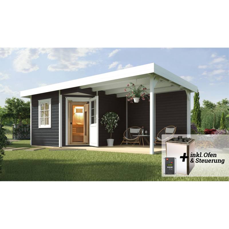 Weka Saunahaus 'Salo 2' anthrazit mit Sauna Varberg 3 und 7,5 kW BioS-Ofenset, Steuerung 601 x 298 x 237 cm von WEKA