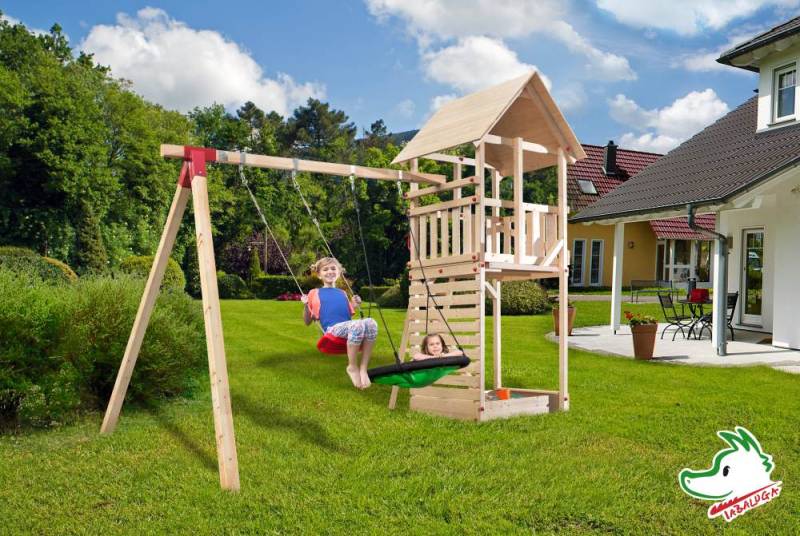 Weka Spielturm Tabaluga 405 x 290 x 331 cm mit Schaukel, Sandkasten, Schaukelnetz von WEKA