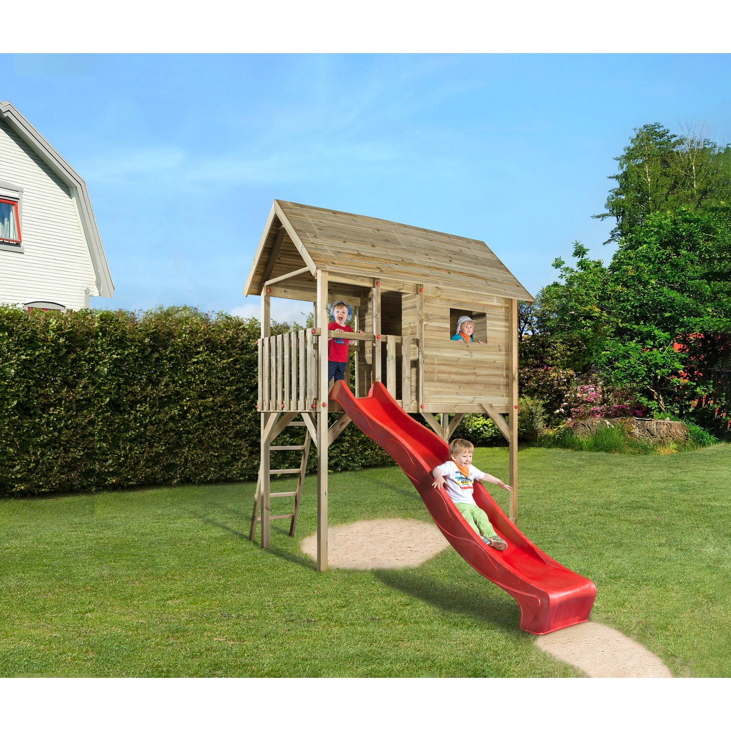 Weka Stelzen-Spielhaus Tabaluga mit Wellenrutsche Rot 332 cm x 125 cm x 235 cm von WEKA