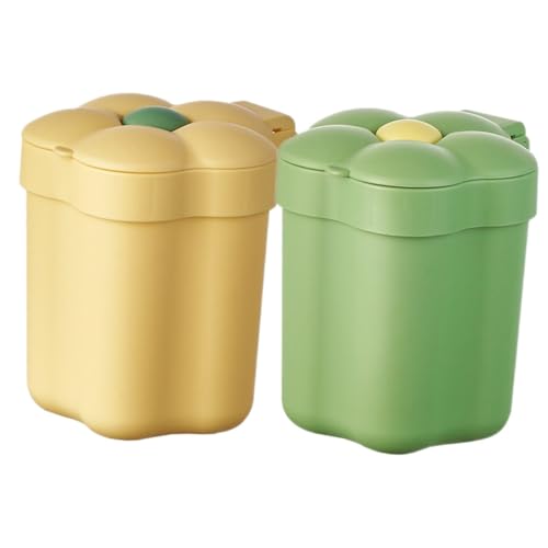 WEKADRIN 2 Stück Mini Blumentopf Mülleimer mit Deckel Niedlicher Schreibtisch Abfalleimer für Büro und Schlafzimmer Geruchsdichter Kunststoff Papierkorb in Gelb und Grün Multifunktional von WEKADRIN